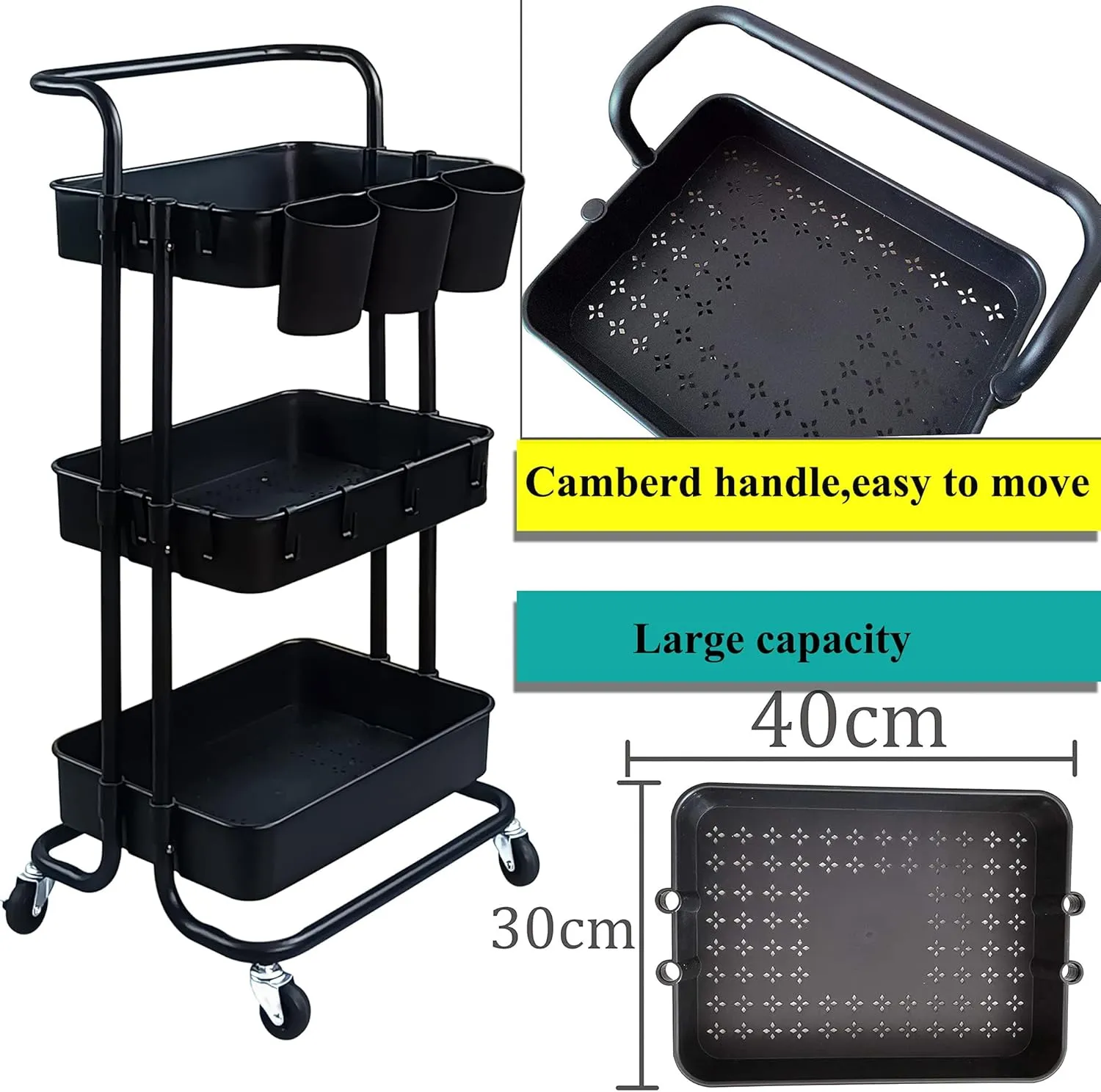 Ceeyali 3-Tier Rolling Utility Cart Storage Shelf Multifunction Organizer Storage Cart with Handle and Lockable Wheels and 3PCS Cup for Home Kitchen,Bathroom,Office,Laundry Room etc. (Black)