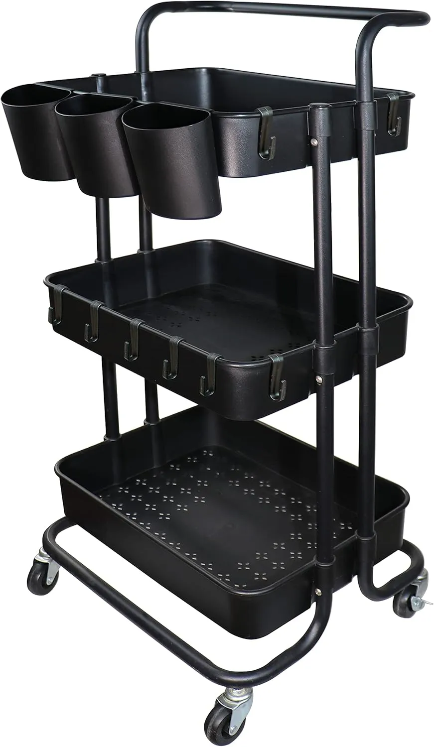 Ceeyali 3-Tier Rolling Utility Cart Storage Shelf Multifunction Organizer Storage Cart with Handle and Lockable Wheels and 3PCS Cup for Home Kitchen,Bathroom,Office,Laundry Room etc. (Black)