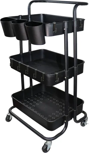 Ceeyali 3-Tier Rolling Utility Cart Storage Shelf Multifunction Organizer Storage Cart with Handle and Lockable Wheels and 3PCS Cup for Home Kitchen,Bathroom,Office,Laundry Room etc. (Black)