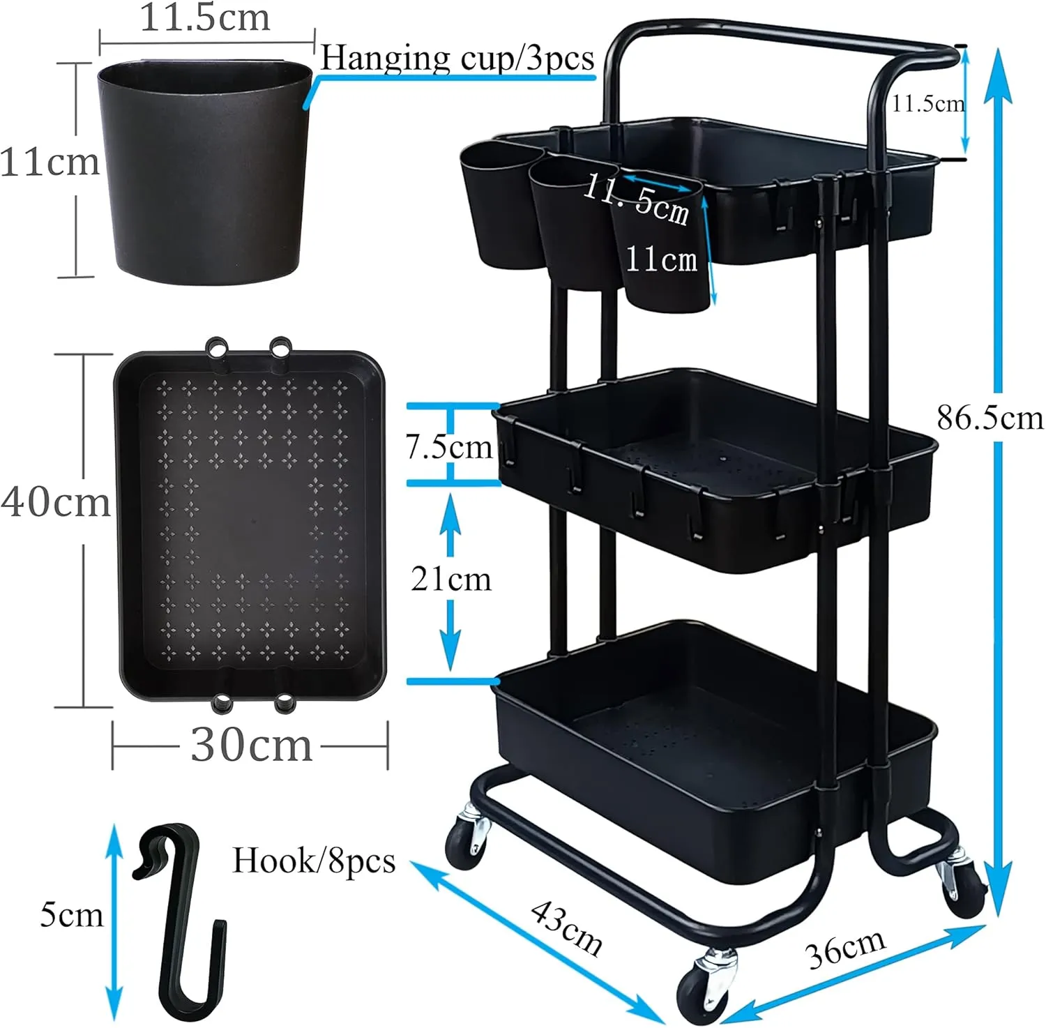 Ceeyali 3-Tier Rolling Utility Cart Storage Shelf Multifunction Organizer Storage Cart with Handle and Lockable Wheels and 3PCS Cup for Home Kitchen,Bathroom,Office,Laundry Room etc. (Black)