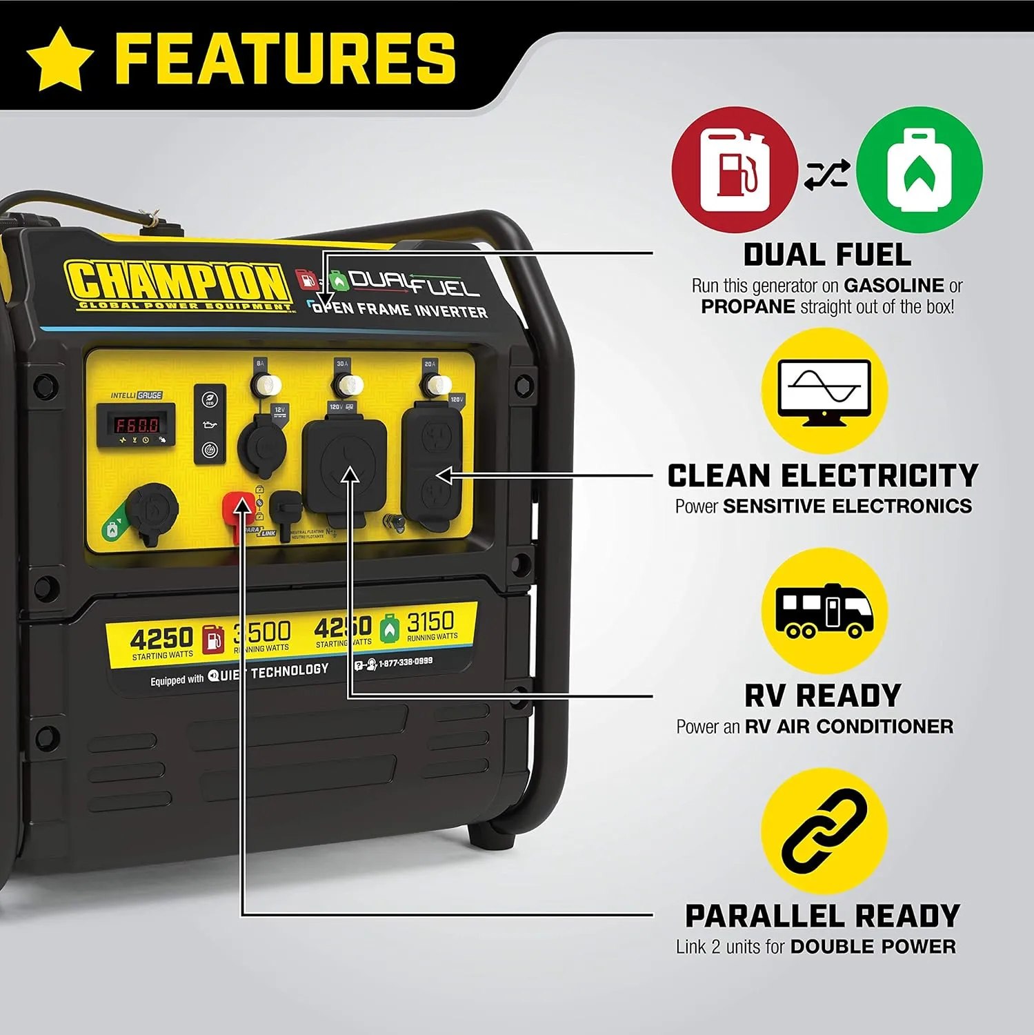Champion Power Equipment 4250-Watt Dual Fuel RV Ready Portable Open Frame Inverter Generator with Quiet Technology