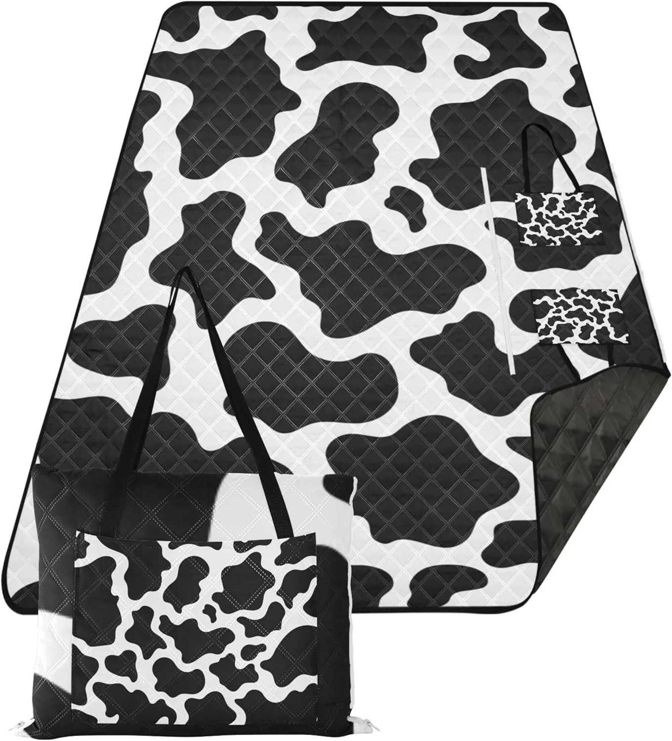 CHIFIGNO Black White Cow Spots Sand Blankets for Beach Sandproof, Outdoor Play Mat for Grass Cute Picnic Blanket Mat Foldable, 80" x 60"