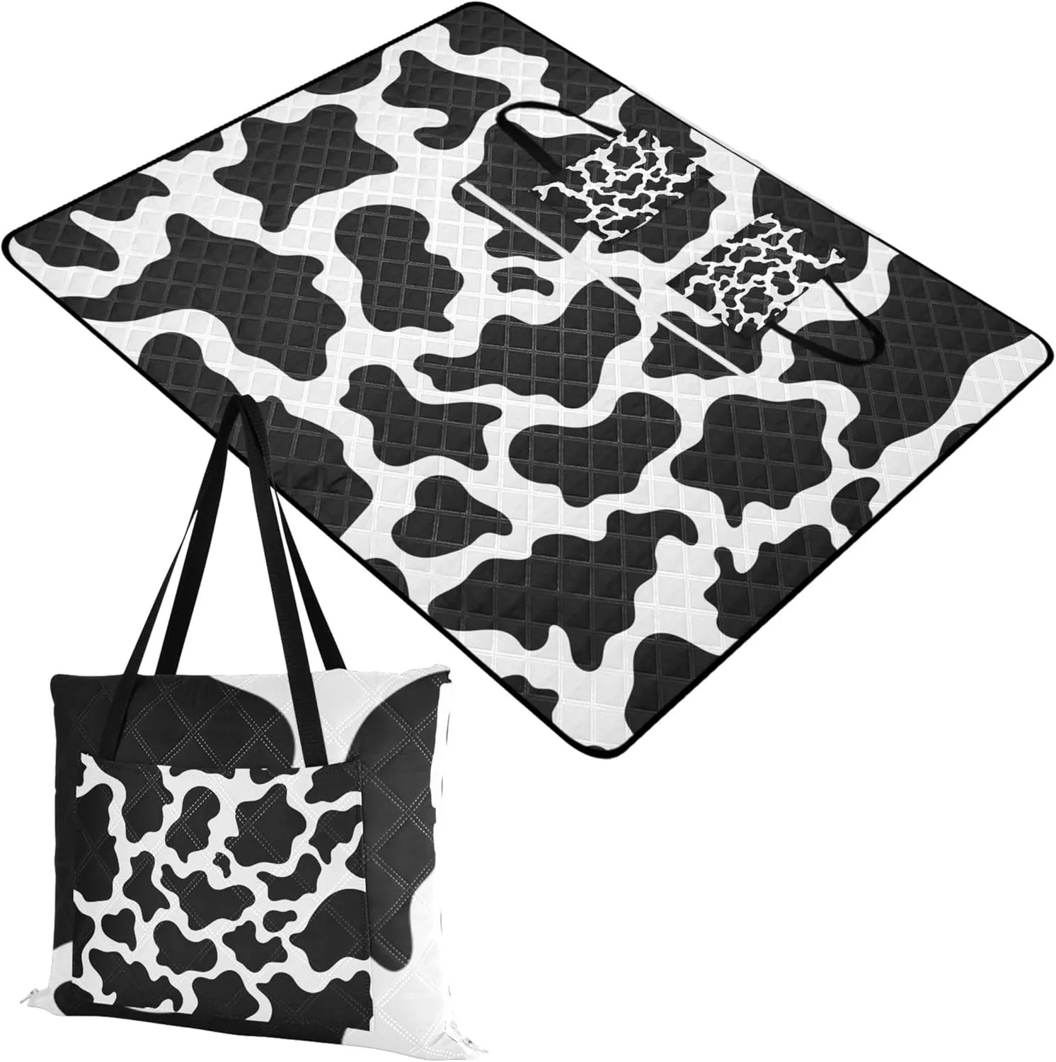 CHIFIGNO Black White Cow Spots Sand Blankets for Beach Sandproof, Outdoor Play Mat for Grass Cute Picnic Blanket Mat Foldable, 80" x 60"