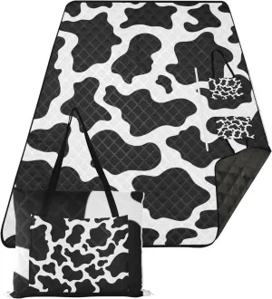 CHIFIGNO Black White Cow Spots Sand Blankets for Beach Sandproof, Outdoor Play Mat for Grass Cute Picnic Blanket Mat Foldable, 80" x 60"