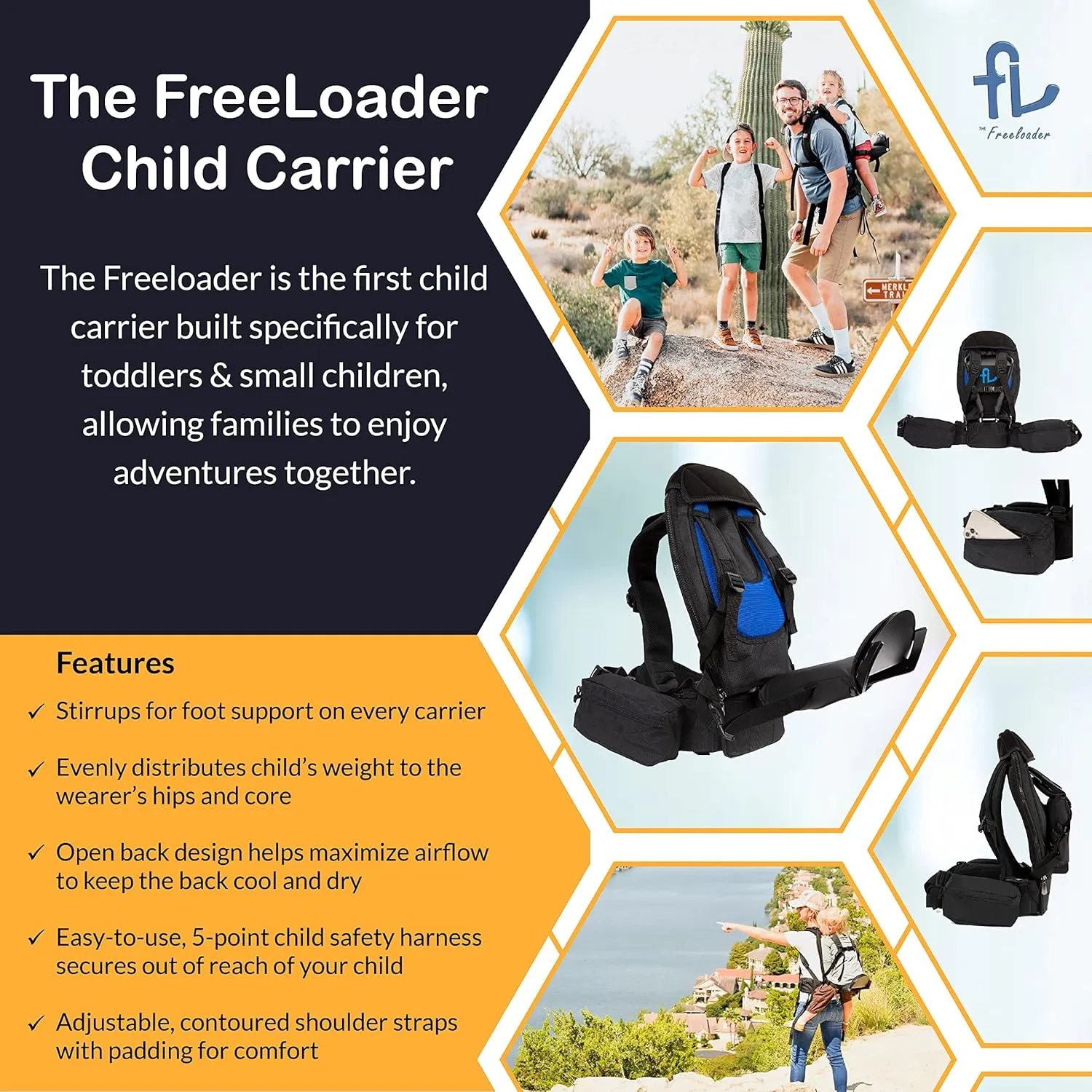 Child Carrier with Seat & Stirrups - Hiking Travel Backpack Carrier for Toddlers & Small Children up to 80lbs - Ergonomic Fit & 5 Point Safety Harness - Made in USA (Midnight, S/M)