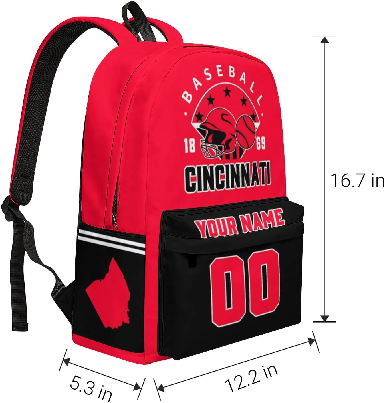 Cincinnati Backpack Custom Name Number Travel Laptop Work Shoulder Bag Personalized Daypack Fans Gift for Men Women Boy Girl