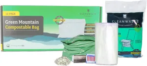 Cleanwaste Green Mountain Compostable Portable Toilet Bag (12 Pack) - No Leaks - Gelling Poo Powder with Odor Control, Handwipe & Toilet Paper (Camping, Hiking, Outdoor)