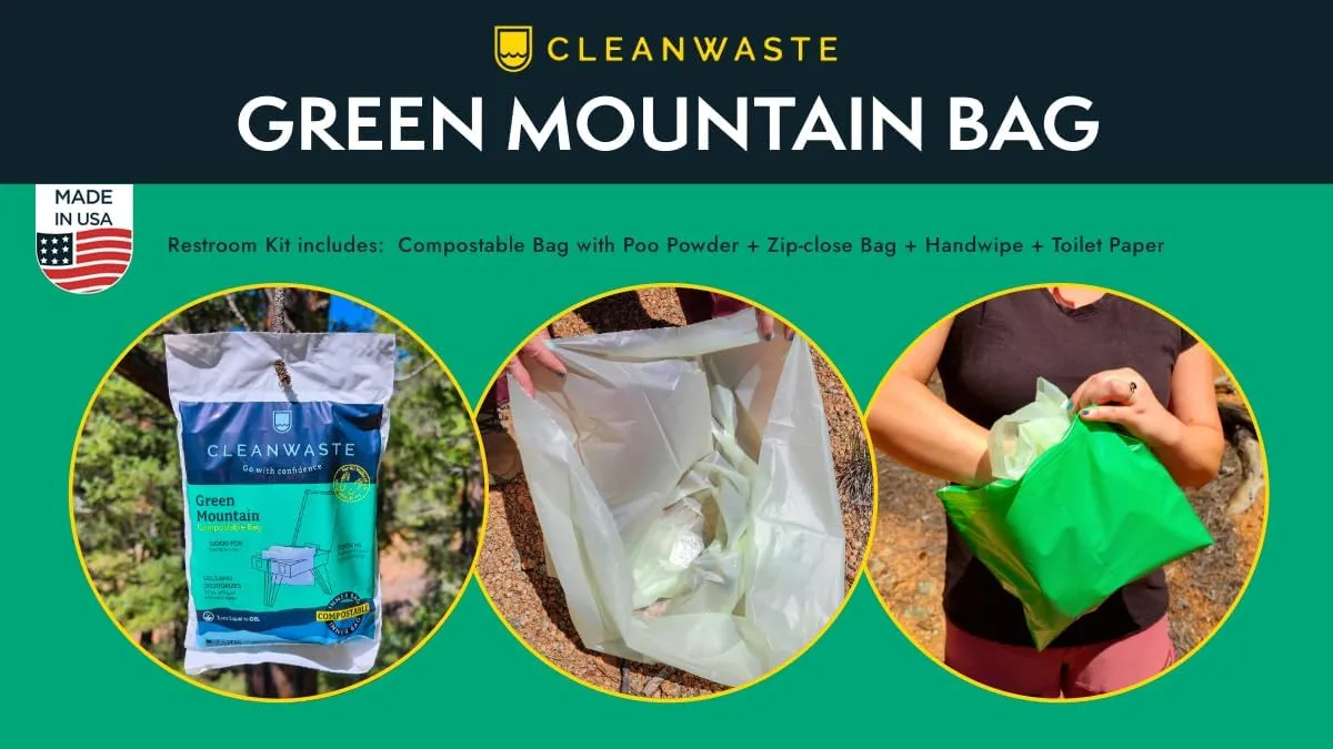 Cleanwaste Green Mountain Compostable Portable Toilet Bag (12 Pack) - No Leaks - Gelling Poo Powder with Odor Control, Handwipe & Toilet Paper (Camping, Hiking, Outdoor)