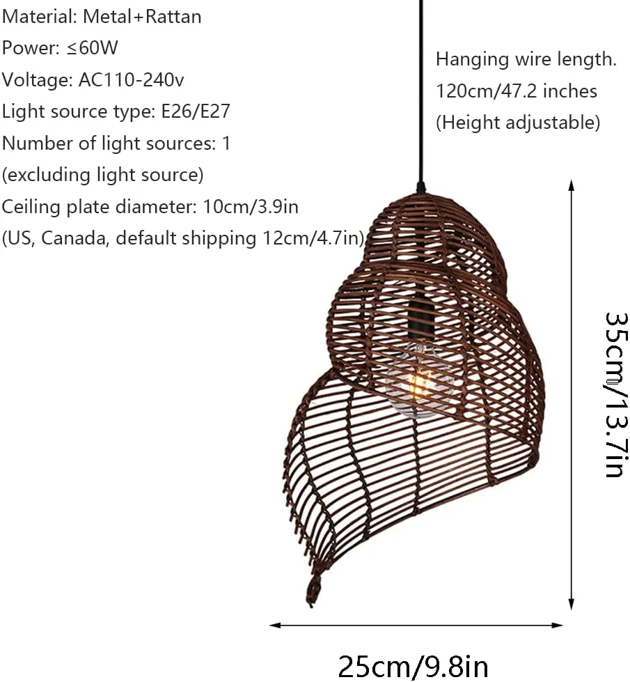 Coastal Conch Pendant Lights Personality Wicker Rattan Pendant Light Tropical Romantic Basket Hanging Lamp Hollow Revolving Vine Chandelier Lamps for Kitchen Island Dining Corridor Teahouse