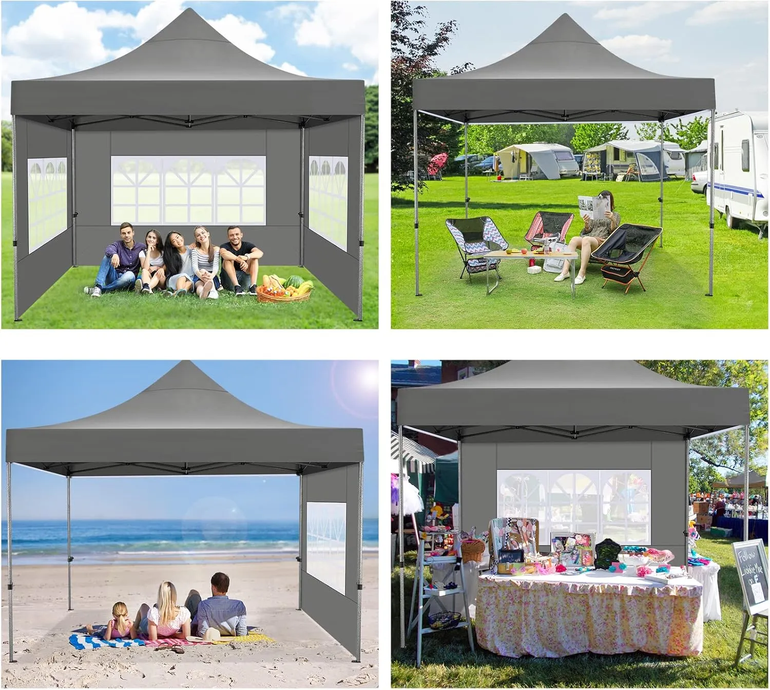 COBIZI 10x10 Pop Up Canopy Tent 10x10 Canopy with 4 Sidewalls Waterproof Heavy Duty Commercial Canopy Tent for Parties Outdoor Tent Garden Gazebo Tent, Carry Bag with Wheel(10x10ft, Gray)