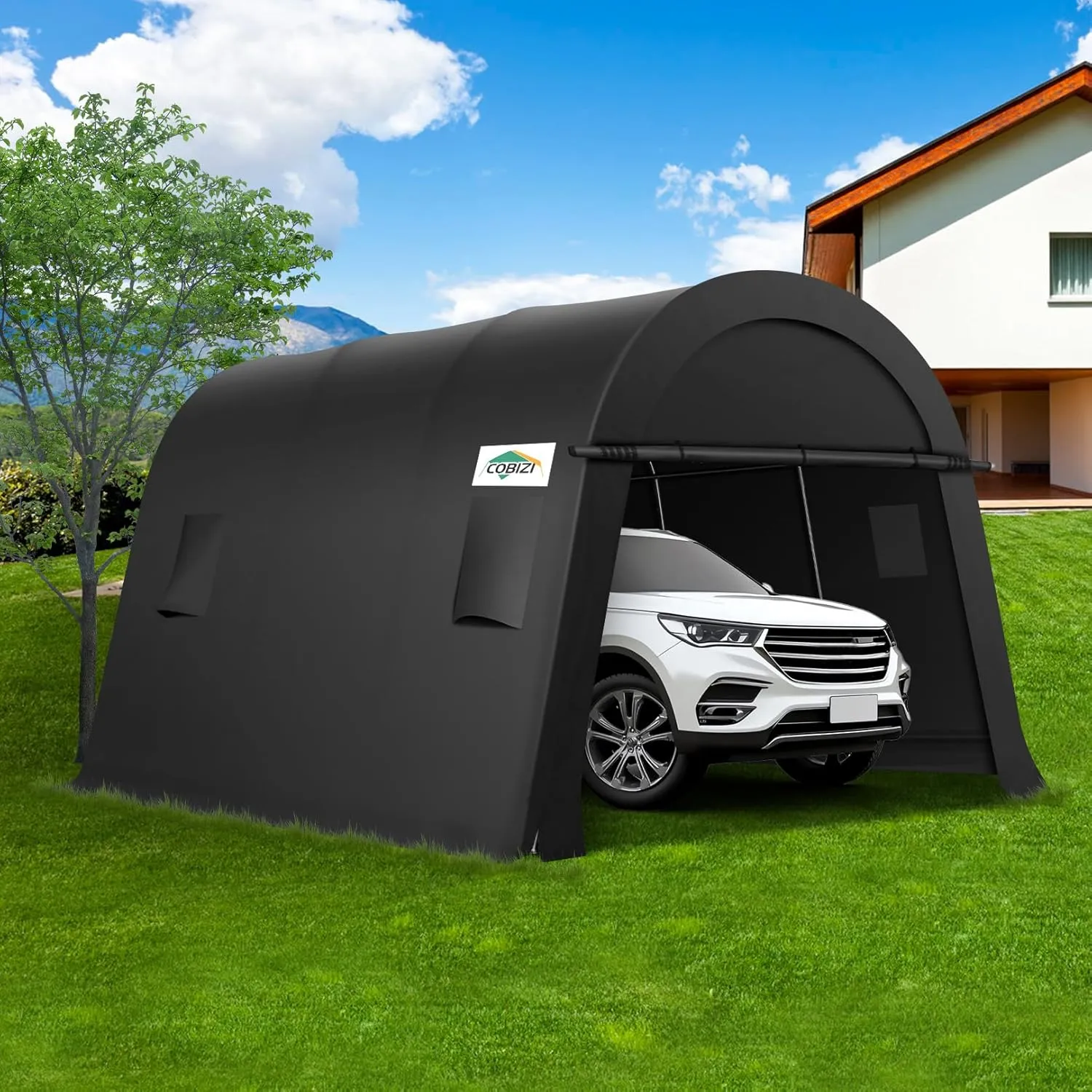 COBIZI 10x15 Carport Canopy Heavy Duty Portable Garage Tent With Double Zippered Roll-up Doors & Vents, Round Style Roof Canopy, Anti-Snow Waterproof for Cars, Boats, Trucks