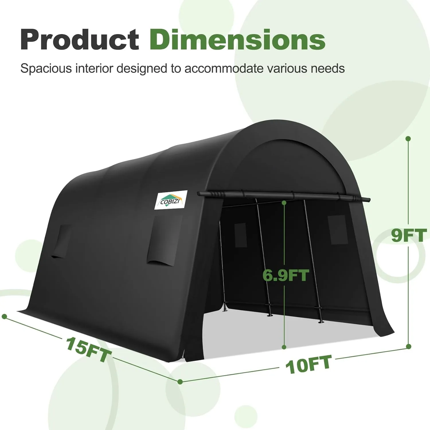 COBIZI 10x15 Carport Canopy Heavy Duty Portable Garage Tent With Double Zippered Roll-up Doors & Vents, Round Style Roof Canopy, Anti-Snow Waterproof for Cars, Boats, Trucks