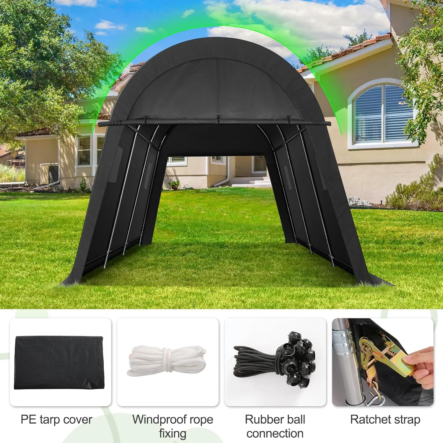 COBIZI 10x15 Carport Canopy Heavy Duty Portable Garage Tent With Double Zippered Roll-up Doors & Vents, Round Style Roof Canopy, Anti-Snow Waterproof for Cars, Boats, Trucks