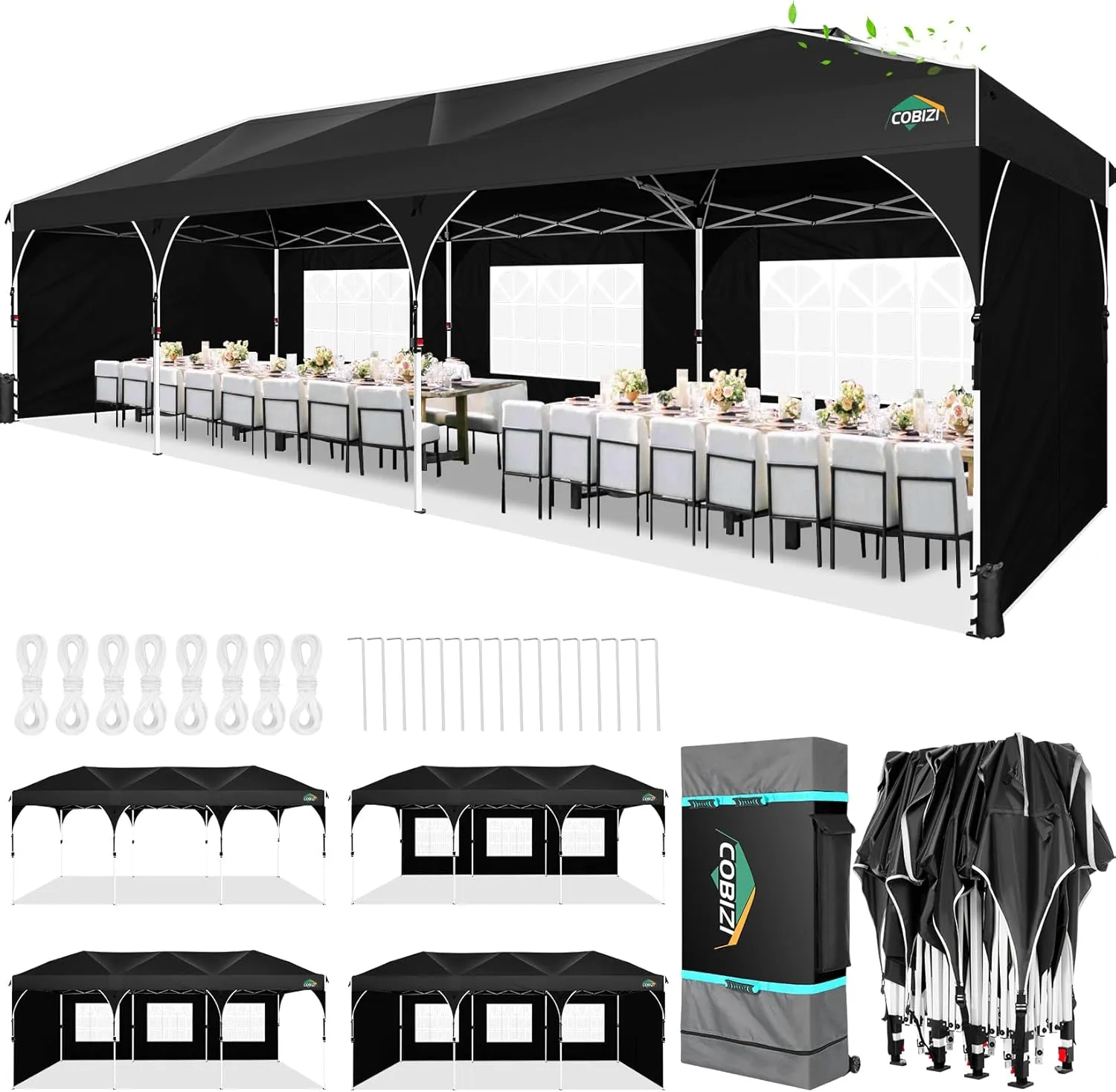 COBIZI 10x30 Pop Up Canopy Tent for Parties with 5 Sidewalls| Push Center Lock & Air Vent| Waterproof & UPF50  |Gazebo Outdoor Tent for Party,Wedding,BBQ with 4 Sandbags, 8 Stakes & 16 Ropes,Black