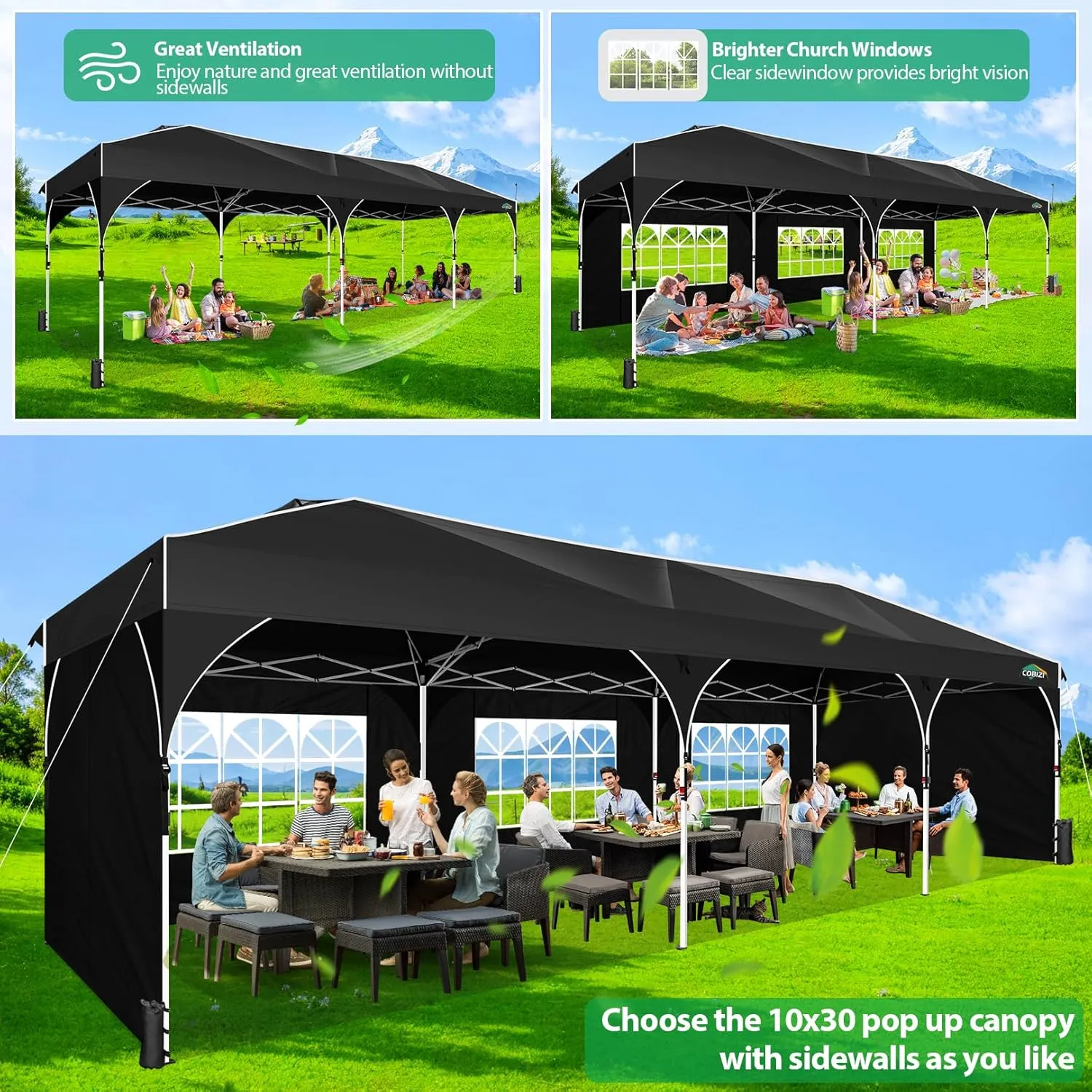 COBIZI 10x30 Pop Up Canopy Tent for Parties with 5 Sidewalls| Push Center Lock & Air Vent| Waterproof & UPF50  |Gazebo Outdoor Tent for Party,Wedding,BBQ with 4 Sandbags, 8 Stakes & 16 Ropes,Black