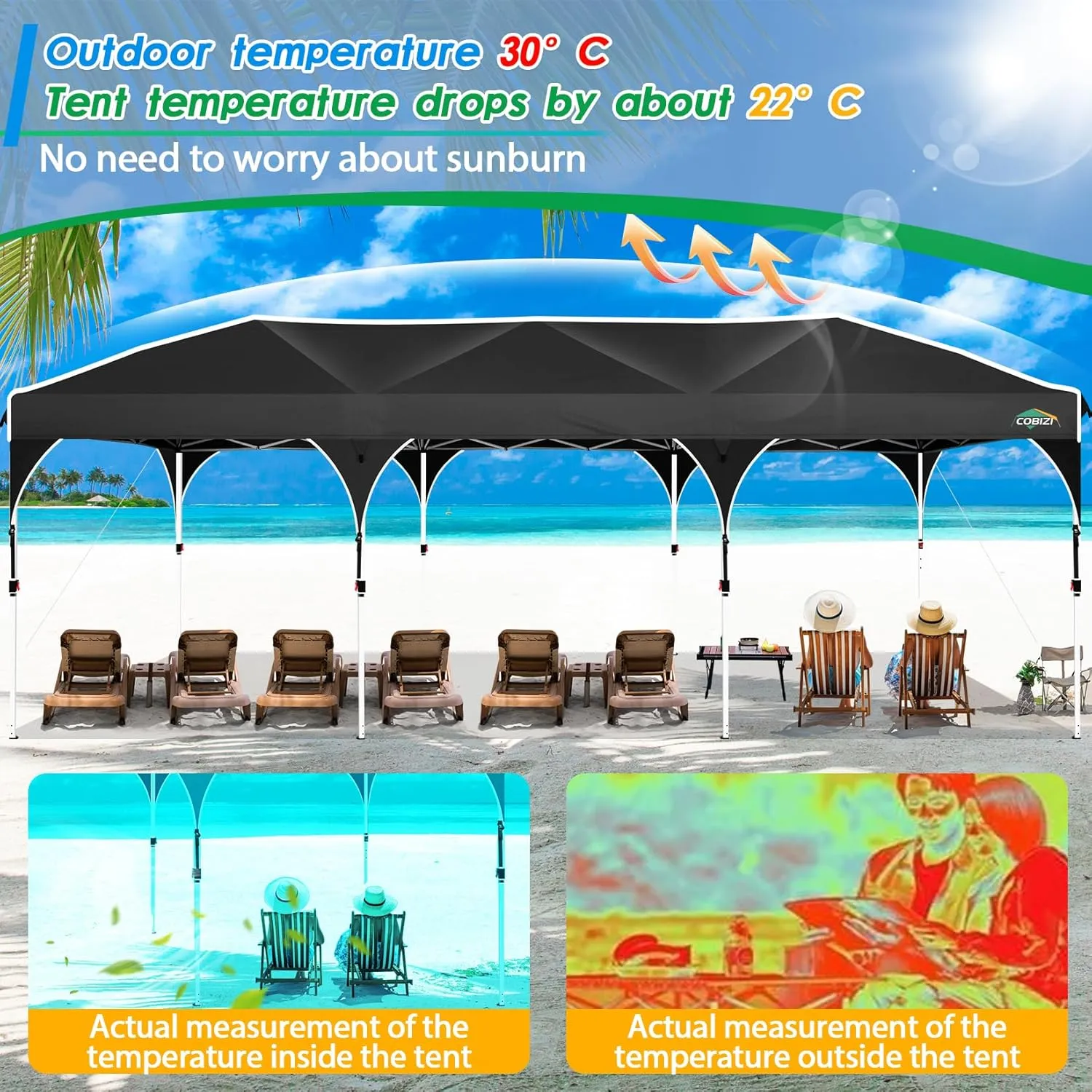 COBIZI 10x30 Pop Up Canopy Tent for Parties with 5 Sidewalls| Push Center Lock & Air Vent| Waterproof & UPF50  |Gazebo Outdoor Tent for Party,Wedding,BBQ with 4 Sandbags, 8 Stakes & 16 Ropes,Black