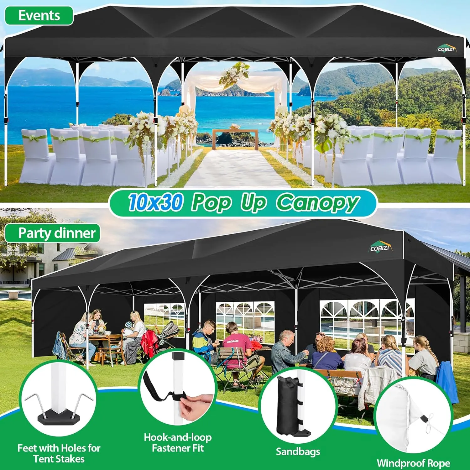 COBIZI 10x30 Pop Up Canopy Tent for Parties with 5 Sidewalls| Push Center Lock & Air Vent| Waterproof & UPF50  |Gazebo Outdoor Tent for Party,Wedding,BBQ with 4 Sandbags, 8 Stakes & 16 Ropes,Black