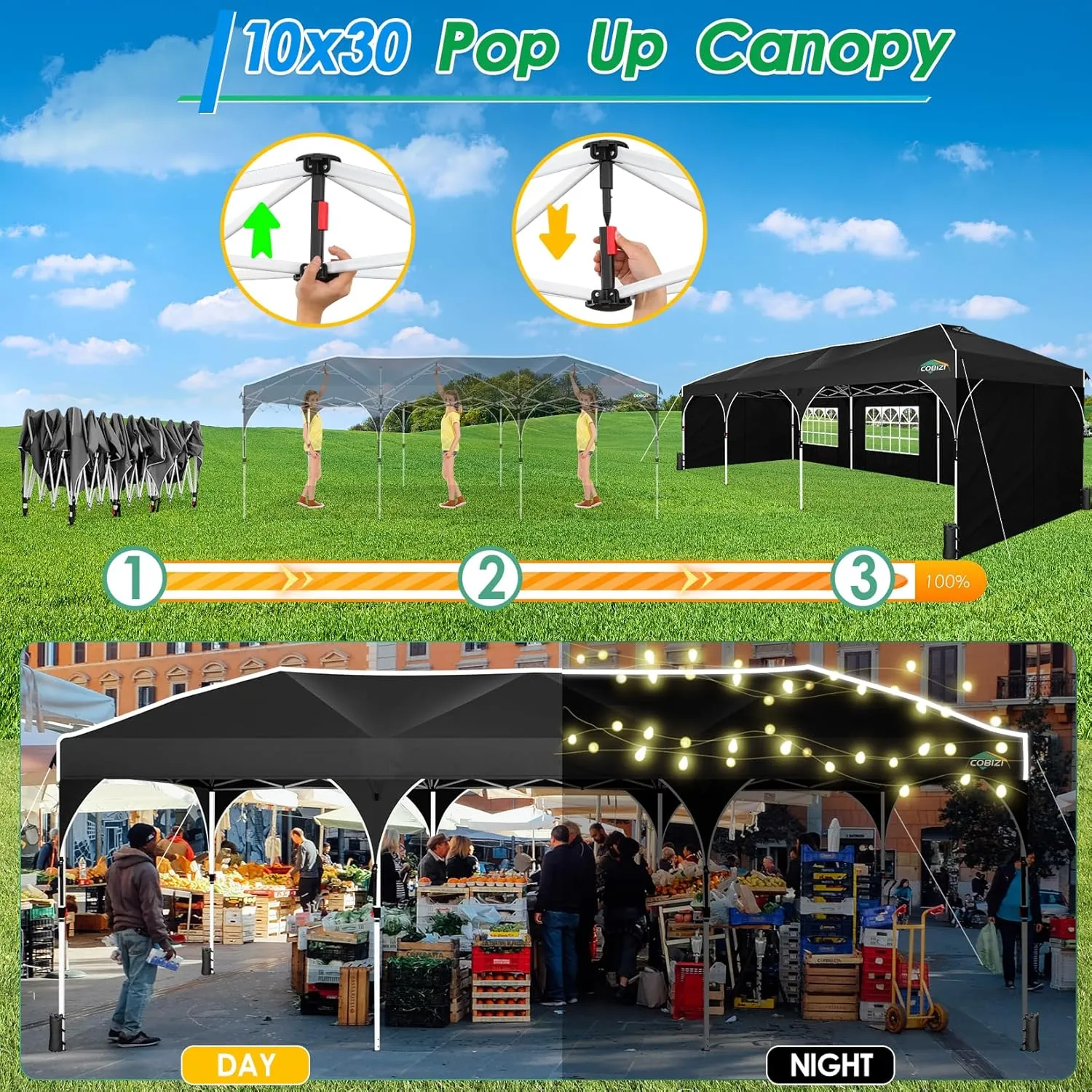 COBIZI 10x30 Pop Up Canopy Tent for Parties with 5 Sidewalls| Push Center Lock & Air Vent| Waterproof & UPF50  |Gazebo Outdoor Tent for Party,Wedding,BBQ with 4 Sandbags, 8 Stakes & 16 Ropes,Black