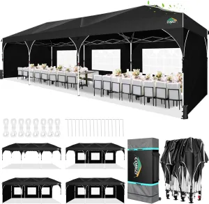 COBIZI 10x30 Pop Up Canopy Tent for Parties with 5 Sidewalls| Push Center Lock & Air Vent| Waterproof & UPF50  |Gazebo Outdoor Tent for Party,Wedding,BBQ with 4 Sandbags, 8 Stakes & 16 Ropes,Black