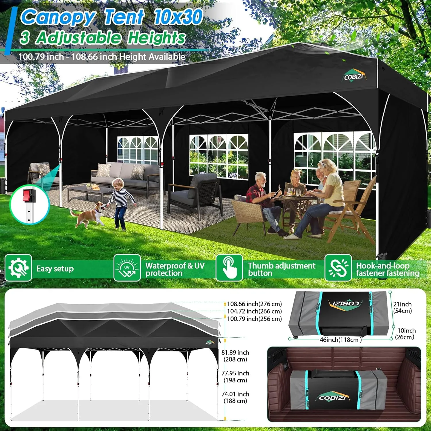 COBIZI 10x30 Pop Up Canopy Tent for Parties with 5 Sidewalls| Push Center Lock & Air Vent| Waterproof & UPF50  |Gazebo Outdoor Tent for Party,Wedding,BBQ with 4 Sandbags, 8 Stakes & 16 Ropes,Black