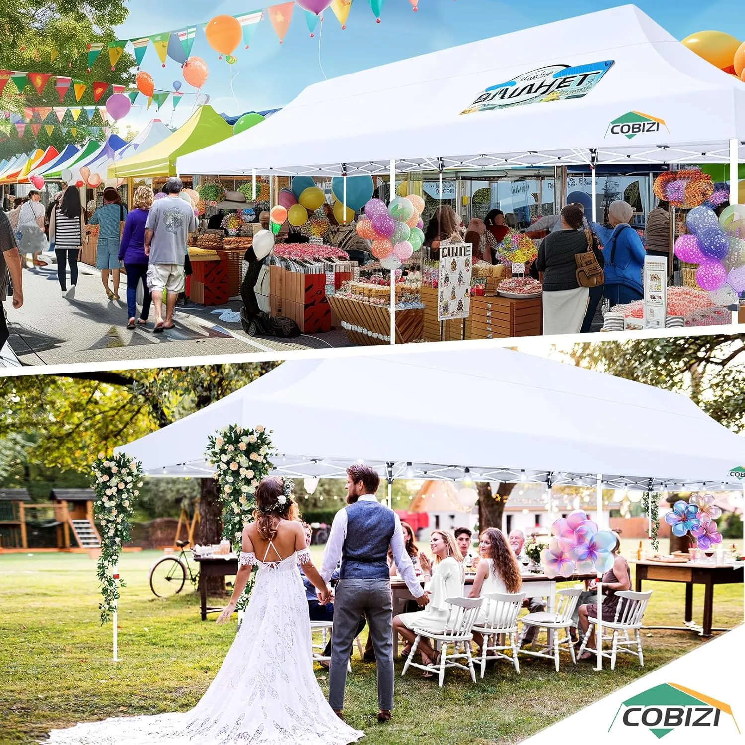 COBIZI 10x30 Pop Up Canopy Tent with 8 Removable Sidewalls, Easy Setup Canopy with Roller Bag & Sandbags，Waterproof and UPF50  Gazebo Tent, Outdoor Gazebo for BBQ Party Wedding Events Tent, White