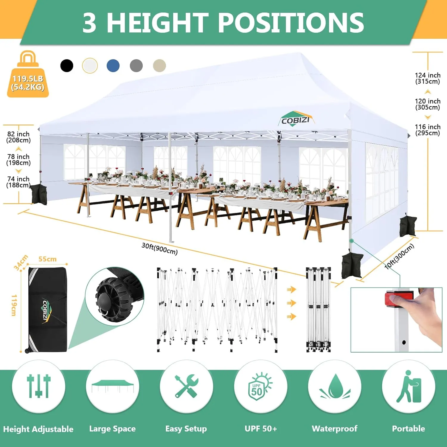 COBIZI 10x30 Pop Up Canopy Tent with 8 Removable Sidewalls, Easy Setup Canopy with Roller Bag & Sandbags，Waterproof and UPF50  Gazebo Tent, Outdoor Gazebo for BBQ Party Wedding Events Tent, White