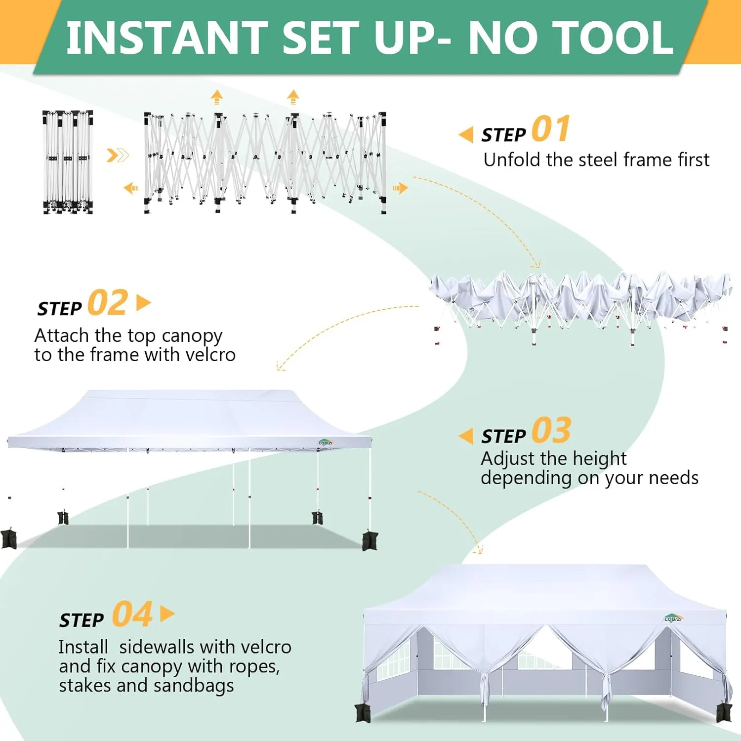 COBIZI 10x30 Pop Up Canopy Tent with 8 Removable Sidewalls, Easy Setup Canopy with Roller Bag & Sandbags，Waterproof and UPF50  Gazebo Tent, Outdoor Gazebo for BBQ Party Wedding Events Tent, White