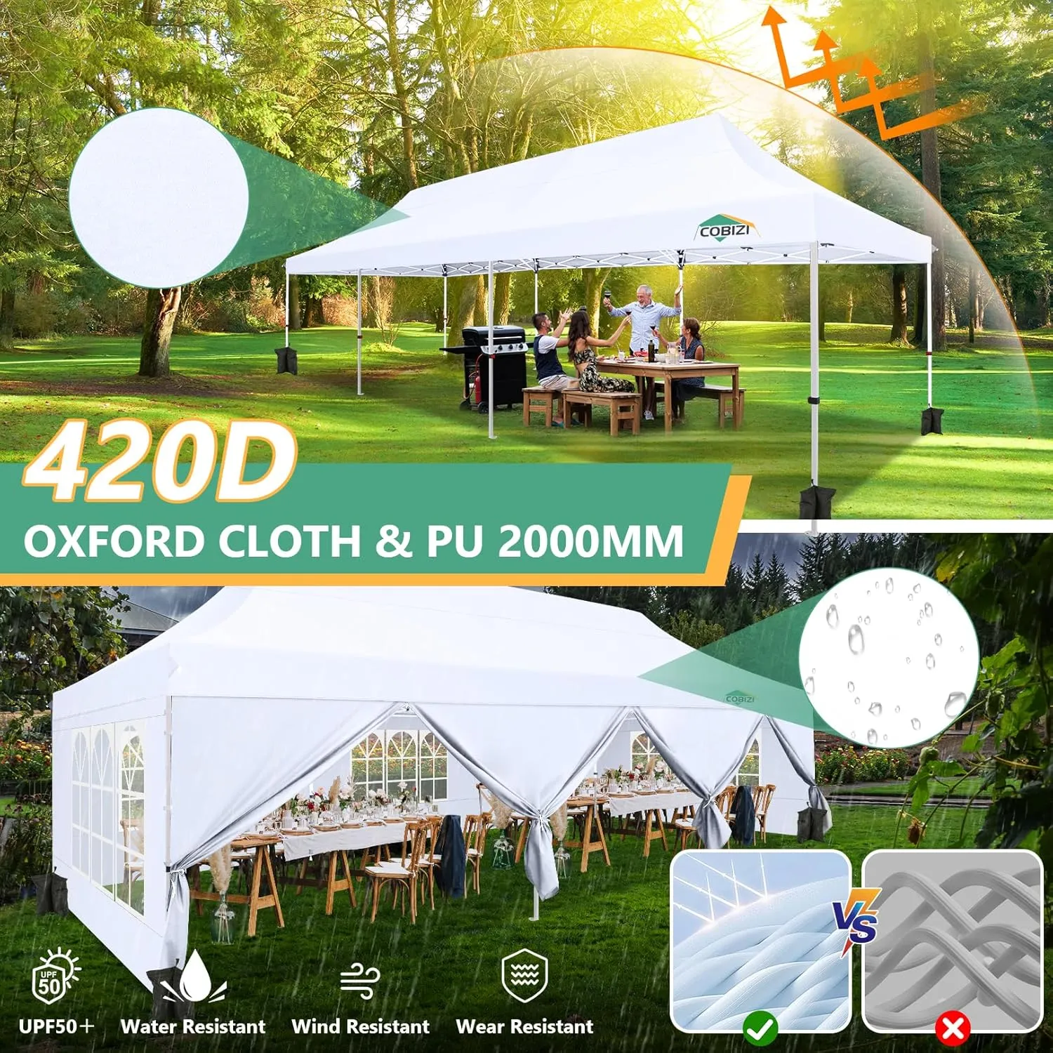 COBIZI 10x30 Pop Up Canopy Tent with 8 Removable Sidewalls, Easy Setup Canopy with Roller Bag & Sandbags，Waterproof and UPF50  Gazebo Tent, Outdoor Gazebo for BBQ Party Wedding Events Tent, White