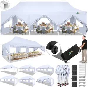 COBIZI 10x30 Pop Up Canopy Tent with 8 Removable Sidewalls, Easy Setup Canopy with Roller Bag & Sandbags，Waterproof and UPF50  Gazebo Tent, Outdoor Gazebo for BBQ Party Wedding Events Tent, White