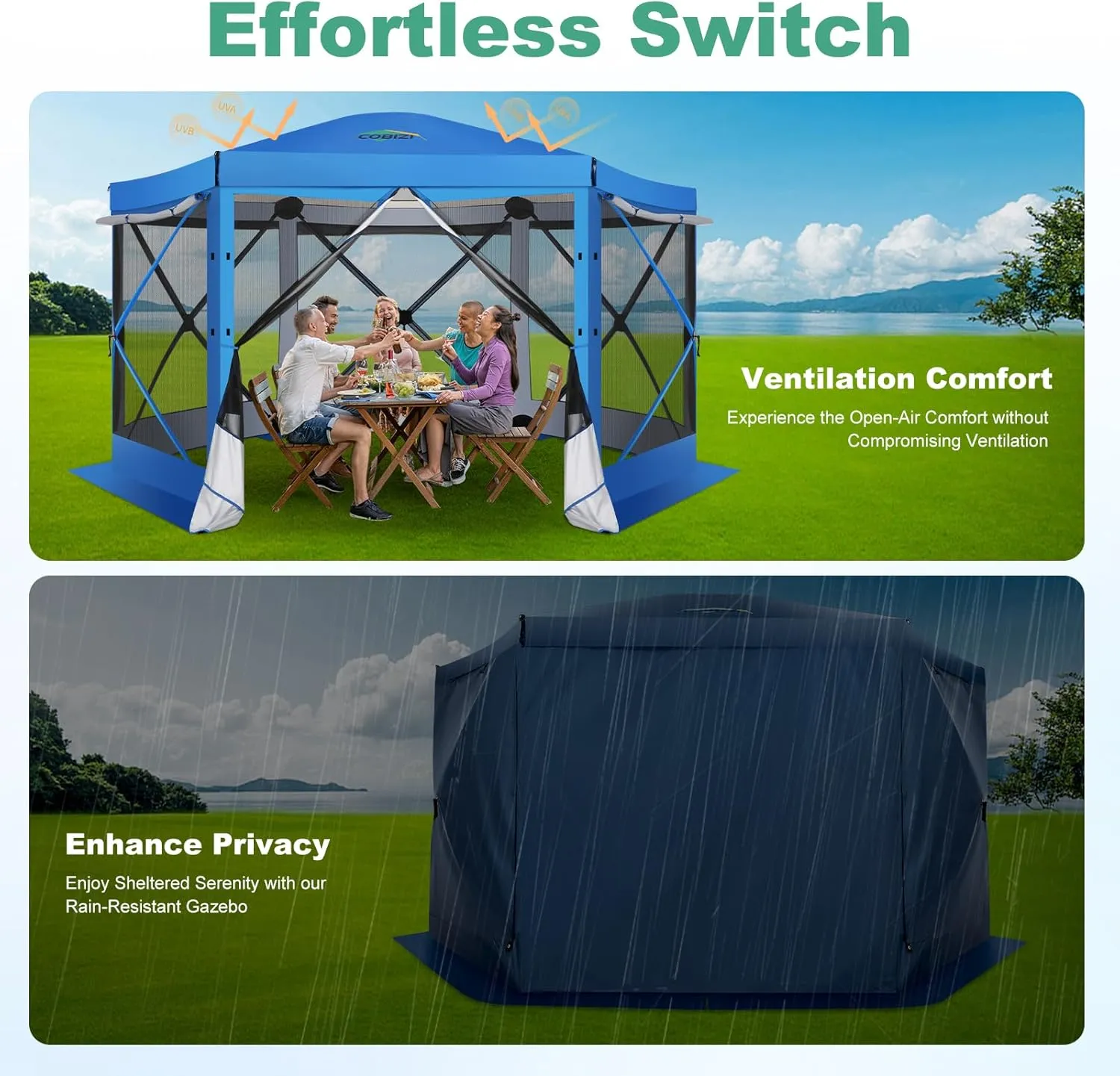 COBIZI 12x12 Pop up Gazebo Screen House Tent for Camping, Outdoor Canopy Tent with Removable Roof&Sidewalls, Portable Hub Tent with Carrying Bag and Ground Stakes, Blue(Upgraded 2.0)