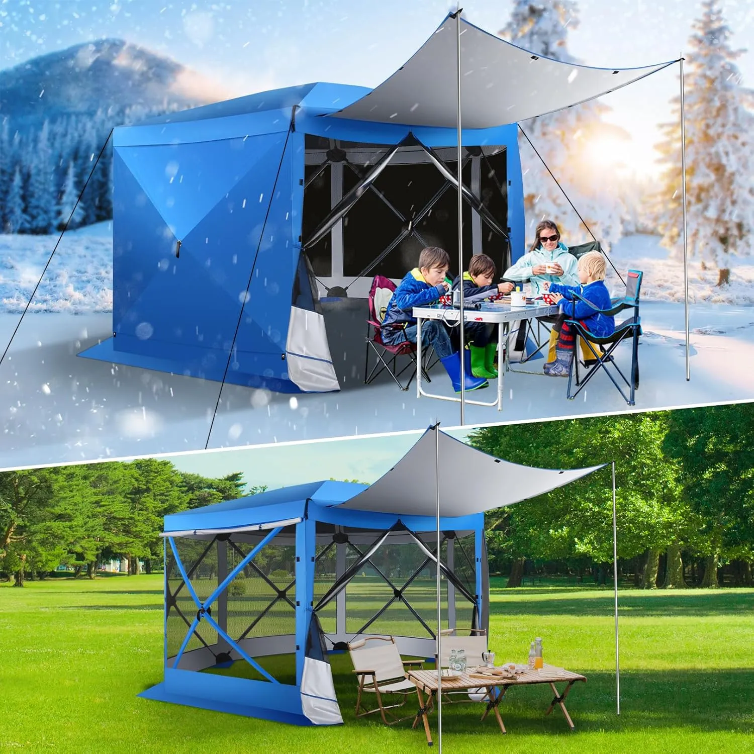 COBIZI 12x12 Pop up Gazebo Screen House Tent for Camping, Outdoor Canopy Tent with Removable Roof&Sidewalls, Portable Hub Tent with Carrying Bag and Ground Stakes, Blue(Upgraded 2.0)