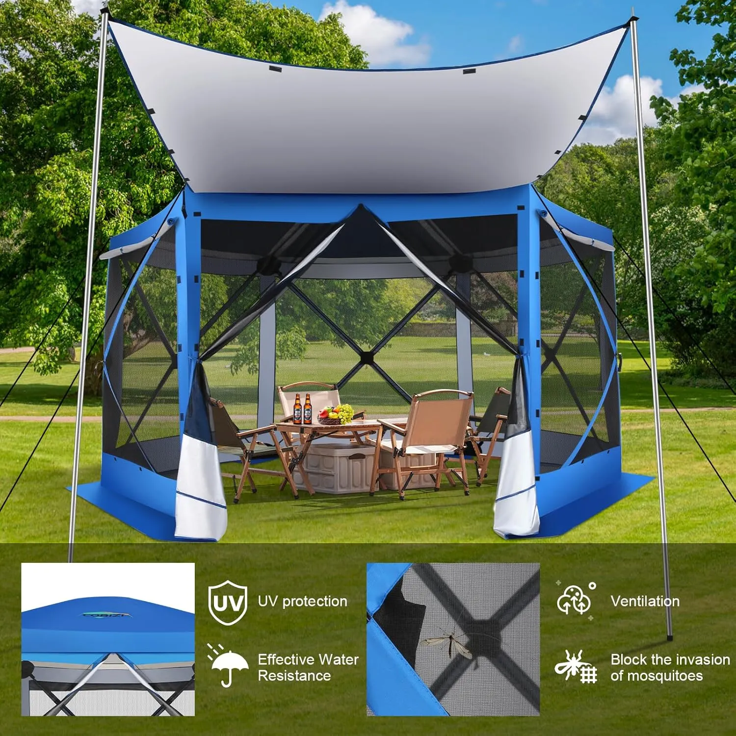 COBIZI 12x12 Pop up Gazebo Screen House Tent for Camping, Outdoor Canopy Tent with Removable Roof&Sidewalls, Portable Hub Tent with Carrying Bag and Ground Stakes, Blue(Upgraded 2.0)