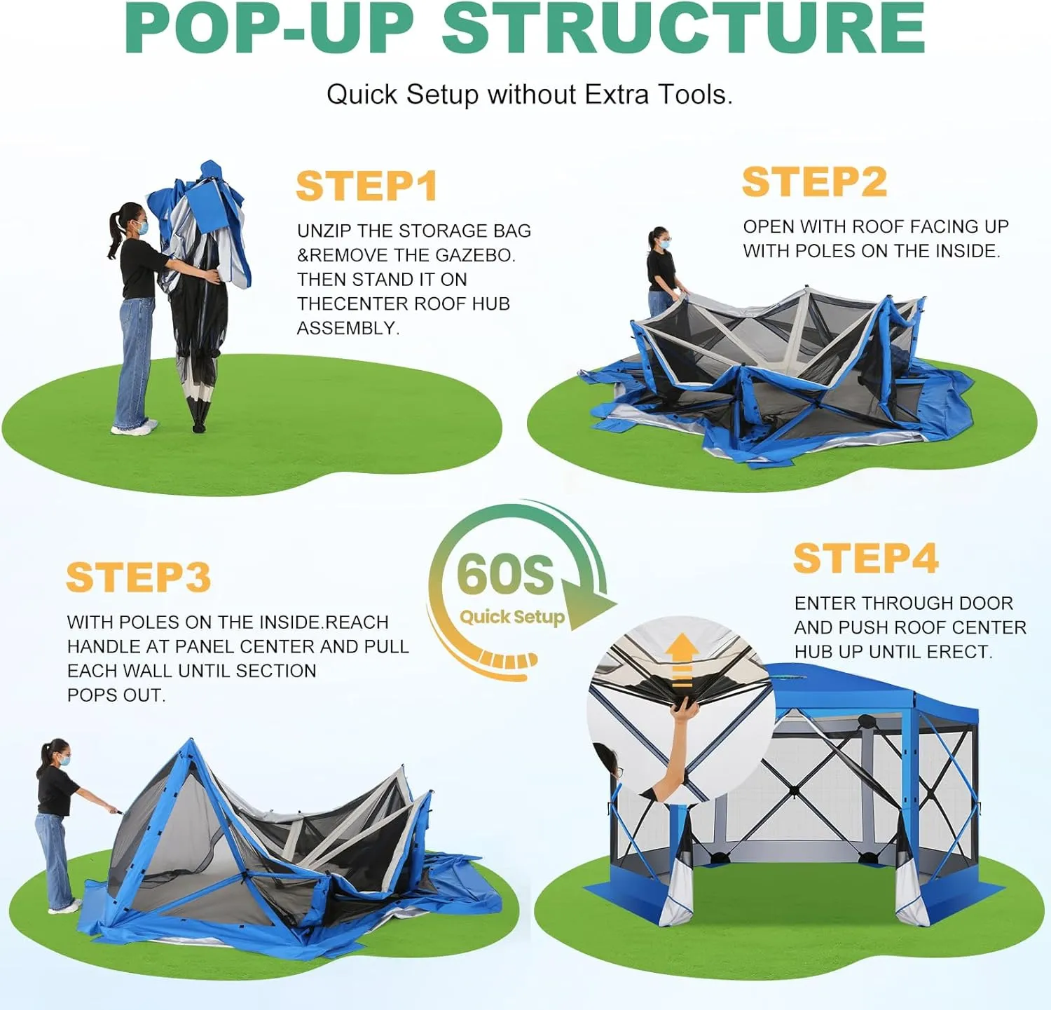 COBIZI 12x12 Pop up Gazebo Screen House Tent for Camping, Outdoor Canopy Tent with Removable Roof&Sidewalls, Portable Hub Tent with Carrying Bag and Ground Stakes, Blue(Upgraded 2.0)