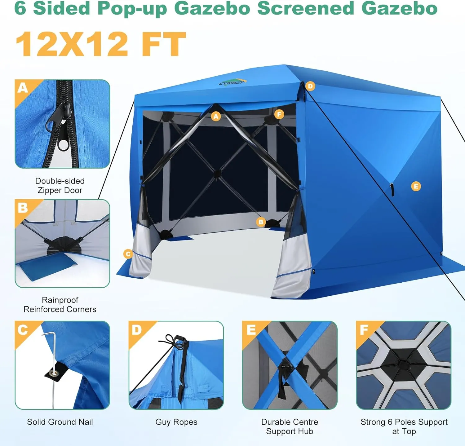 COBIZI 12x12 Pop up Gazebo Screen House Tent for Camping, Outdoor Canopy Tent with Removable Roof&Sidewalls, Portable Hub Tent with Carrying Bag and Ground Stakes, Blue(Upgraded 2.0)