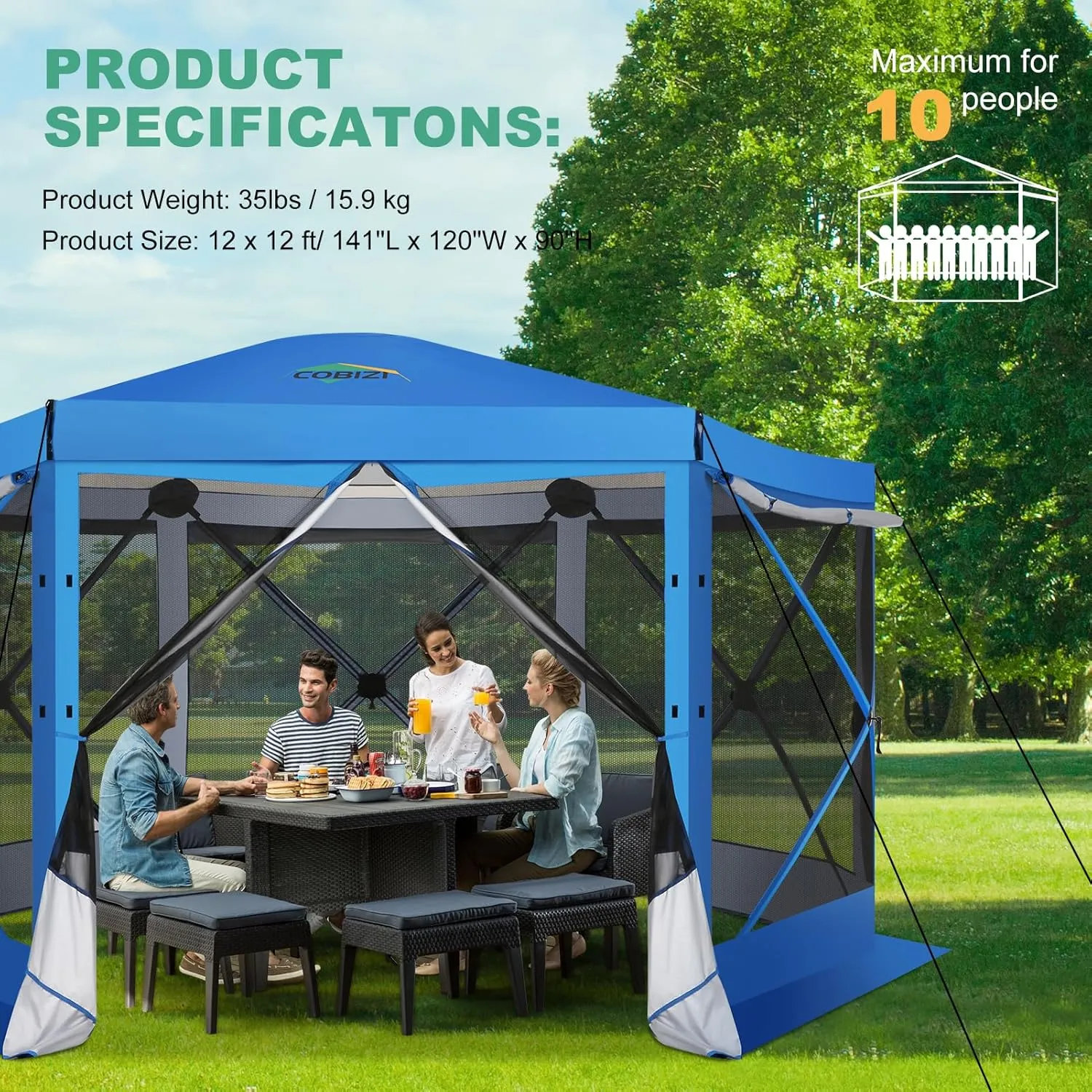 COBIZI 12x12 Pop up Gazebo Screen House Tent for Camping, Outdoor Canopy Tent with Removable Roof&Sidewalls, Portable Hub Tent with Carrying Bag and Ground Stakes, Blue(Upgraded 2.0)