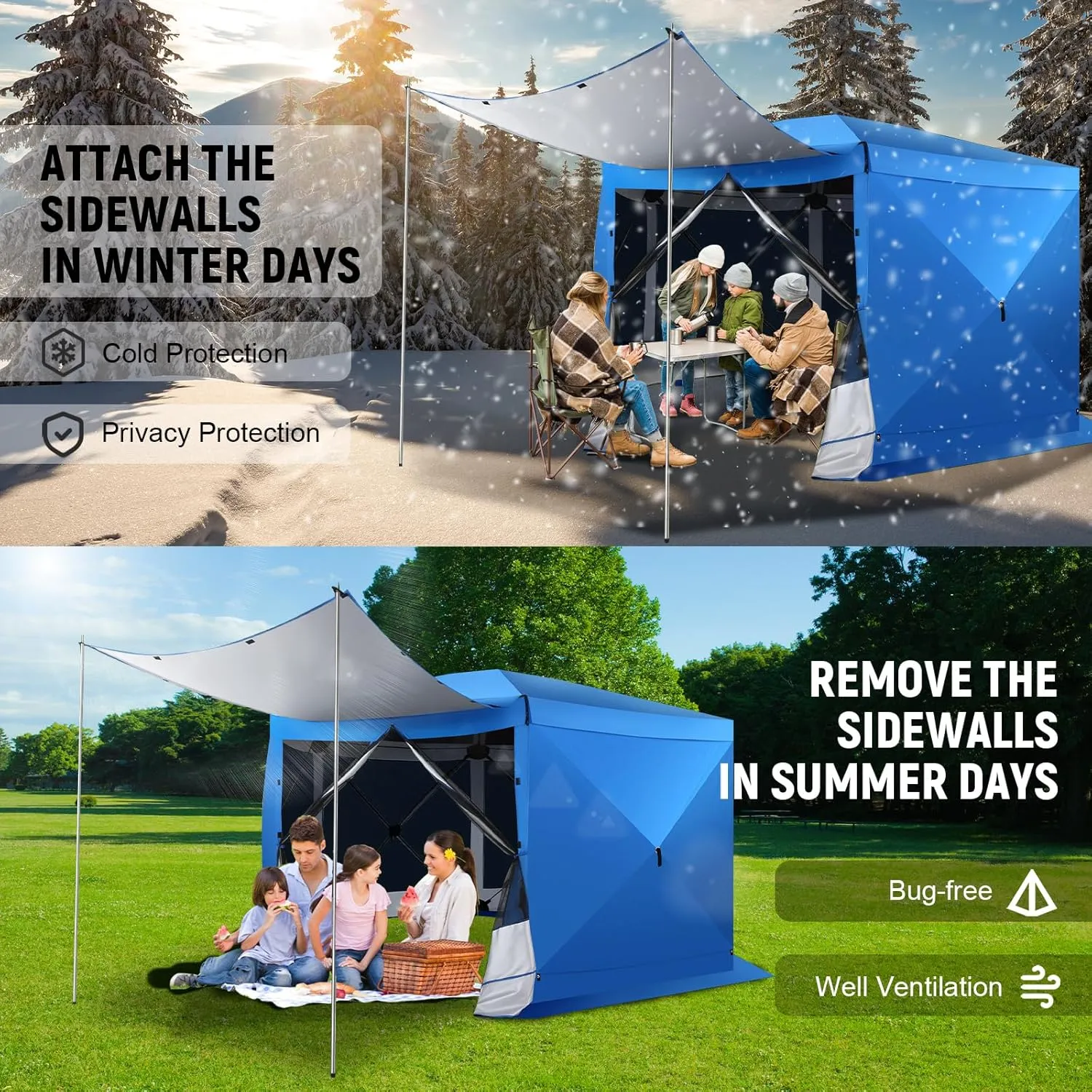 COBIZI 12x12 Pop up Gazebo Screen House Tent for Camping, Outdoor Canopy Tent with Removable Roof&Sidewalls, Portable Hub Tent with Carrying Bag and Ground Stakes, Blue(Upgraded 2.0)