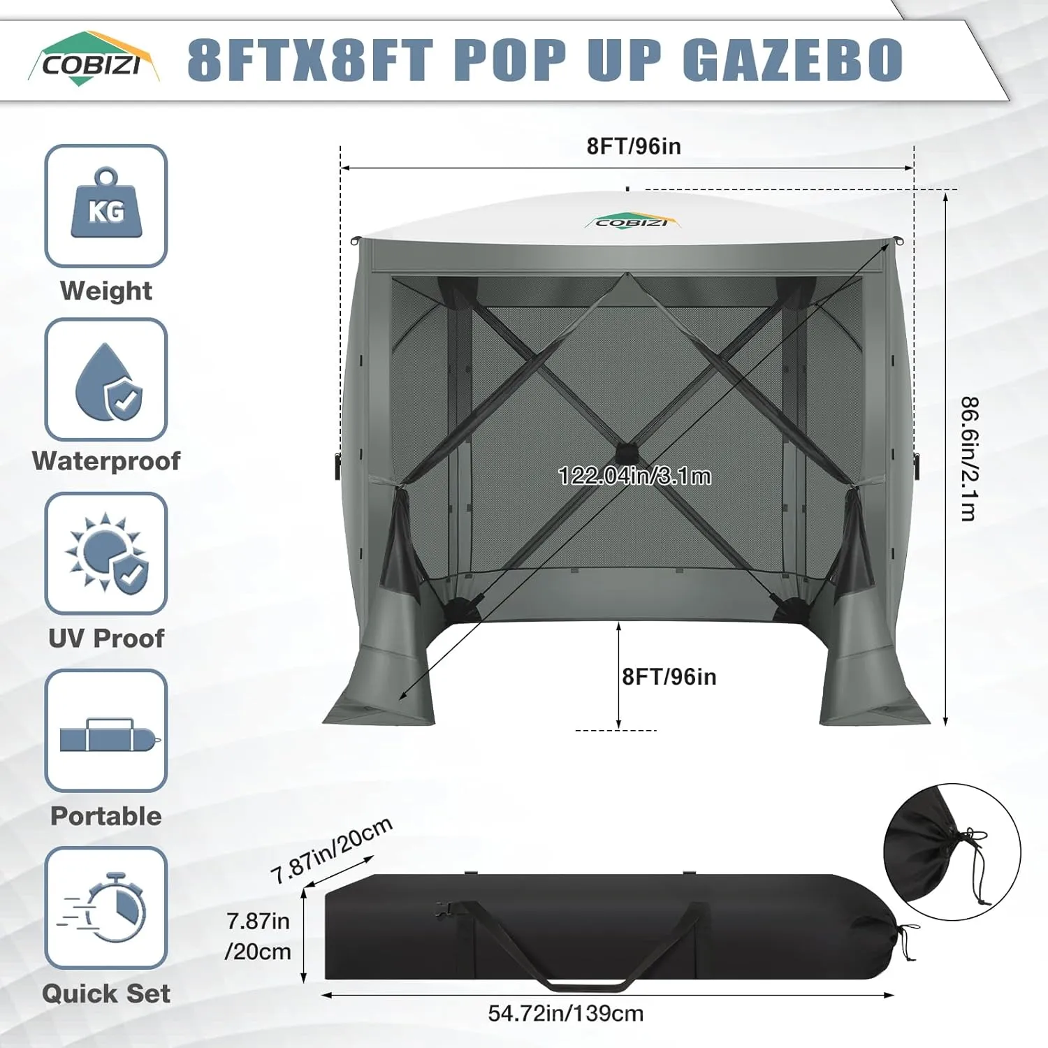 COBIZI Pop Up Gazebo Screen Tent Screen House for Camping, 8FTx8FT Screen Room with Sidewalls and Mosquito Netting, Hub Tent Instant Screened Canopy with Carrying Bag and Ground Stakes, Gray
