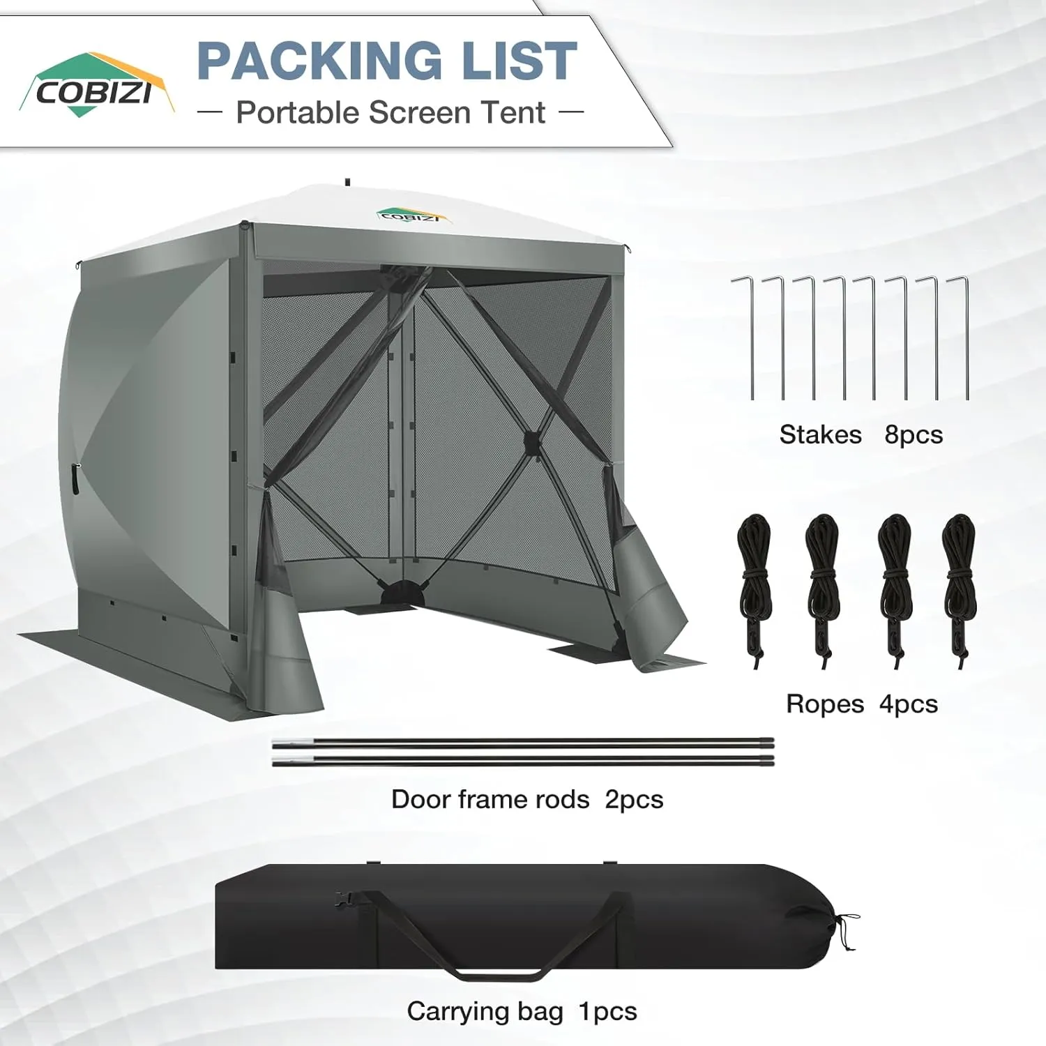 COBIZI Pop Up Gazebo Screen Tent Screen House for Camping, 8FTx8FT Screen Room with Sidewalls and Mosquito Netting, Hub Tent Instant Screened Canopy with Carrying Bag and Ground Stakes, Gray