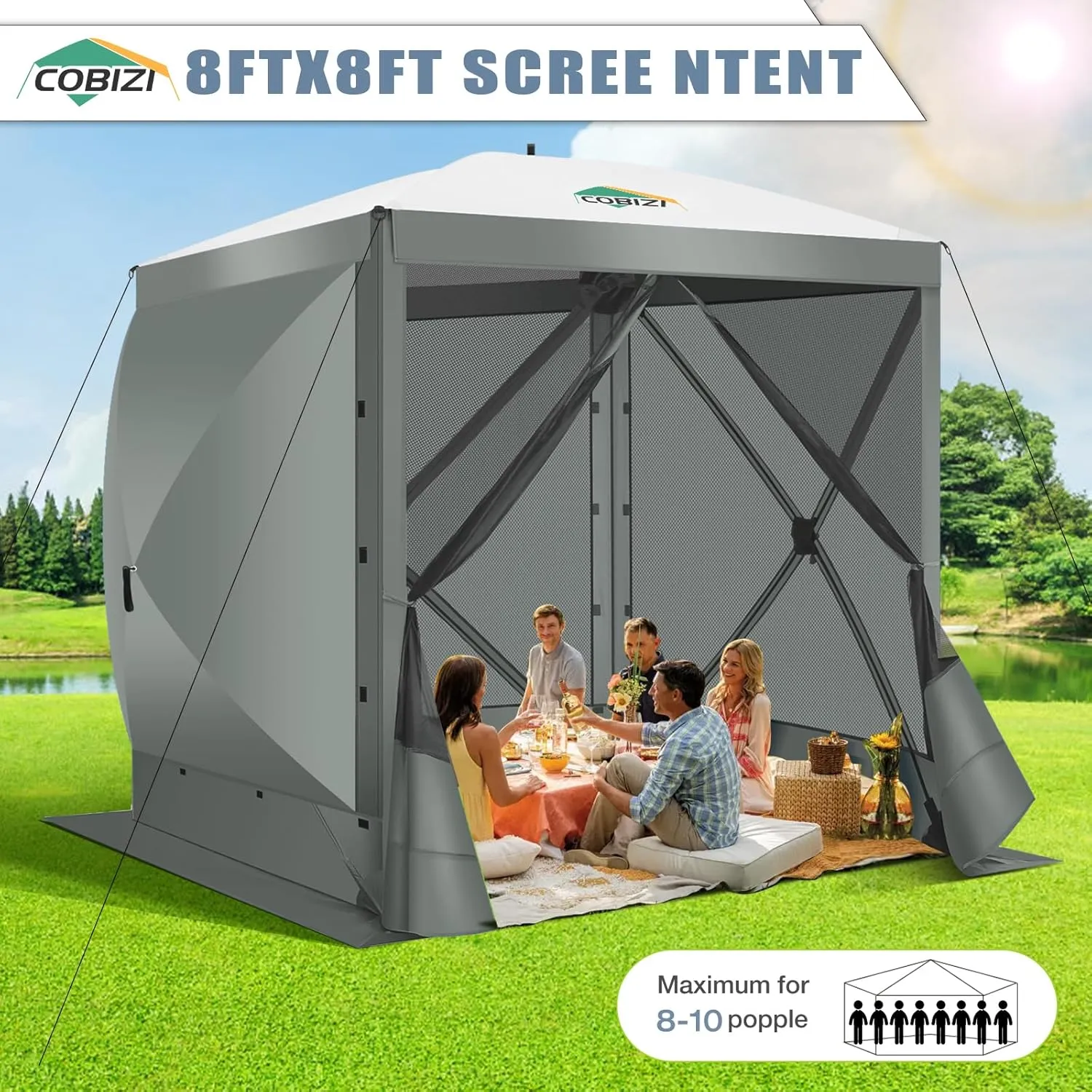 COBIZI Pop Up Gazebo Screen Tent Screen House for Camping, 8FTx8FT Screen Room with Sidewalls and Mosquito Netting, Hub Tent Instant Screened Canopy with Carrying Bag and Ground Stakes, Gray