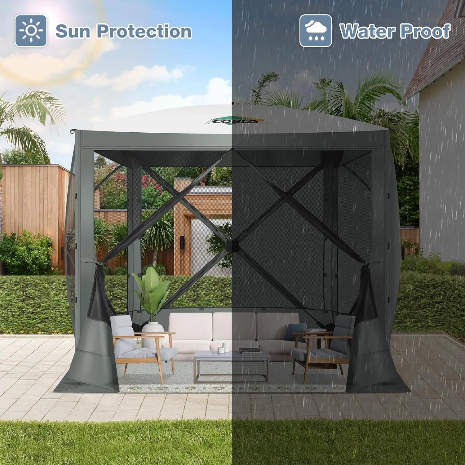 COBIZI Pop Up Gazebo Screen Tent Screen House for Camping, 8FTx8FT Screen Room with Sidewalls and Mosquito Netting, Hub Tent Instant Screened Canopy with Carrying Bag and Ground Stakes, Gray