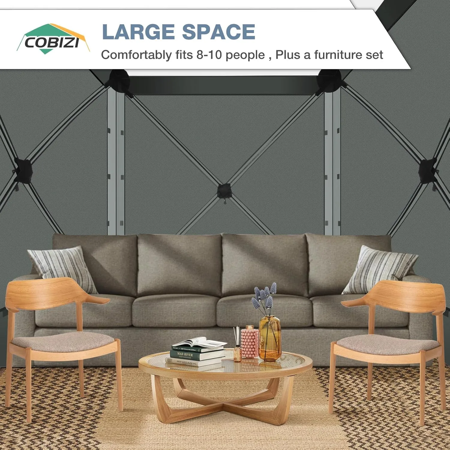 COBIZI Pop Up Gazebo Screen Tent Screen House for Camping, 8FTx8FT Screen Room with Sidewalls and Mosquito Netting, Hub Tent Instant Screened Canopy with Carrying Bag and Ground Stakes, Gray