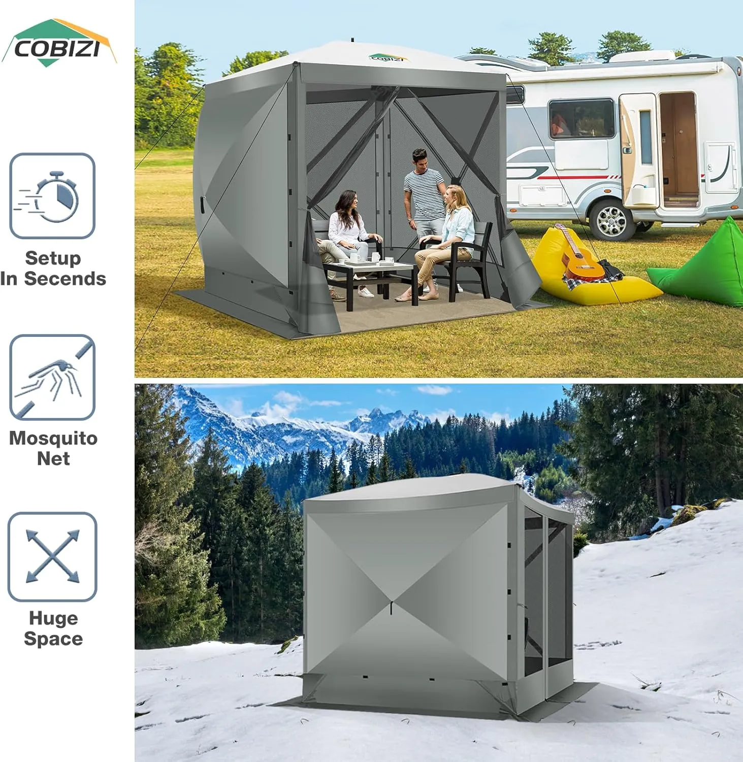 COBIZI Pop Up Gazebo Screen Tent Screen House for Camping, 8FTx8FT Screen Room with Sidewalls and Mosquito Netting, Hub Tent Instant Screened Canopy with Carrying Bag and Ground Stakes, Gray