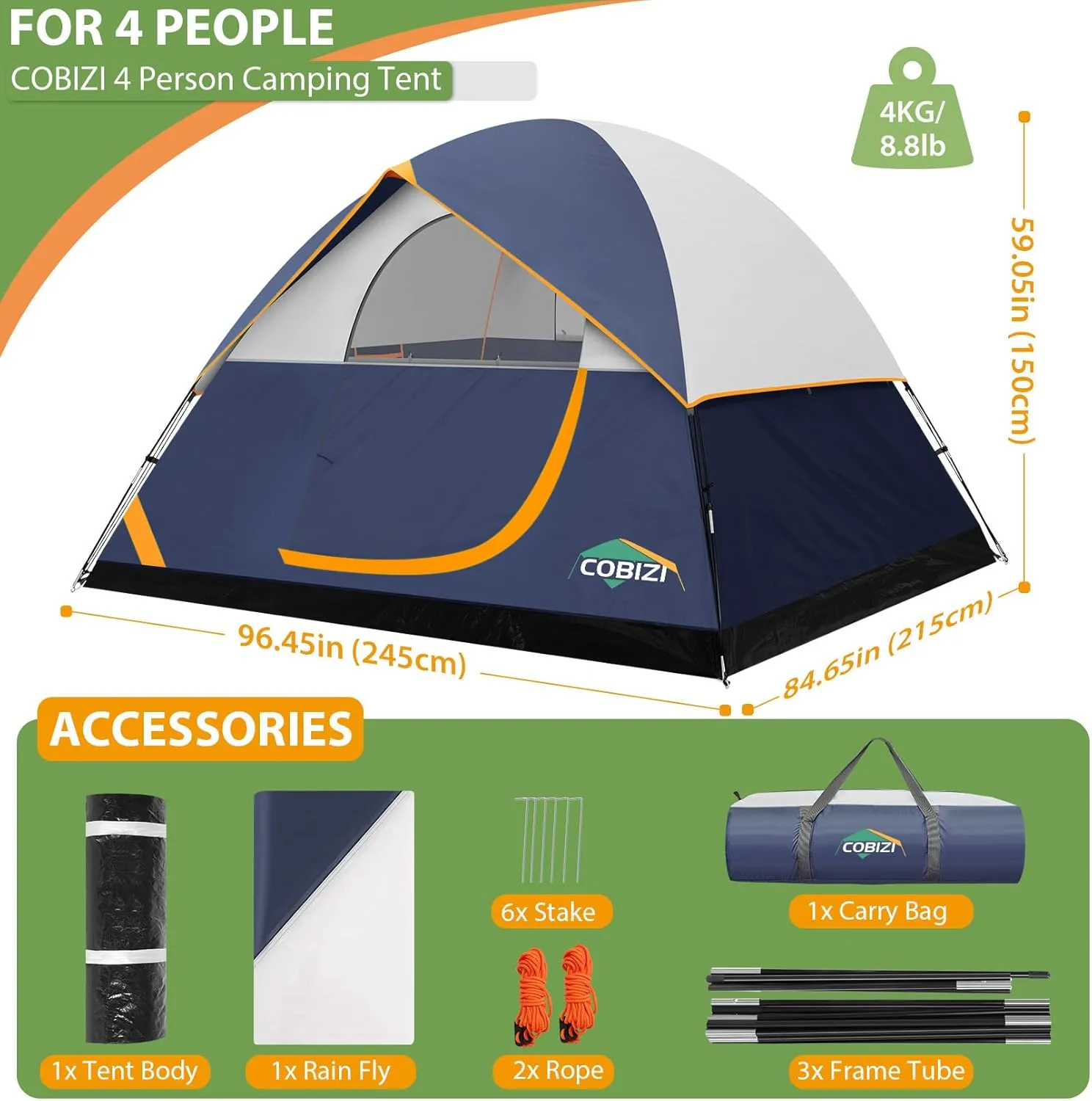COBIZI Tents for Camping 4/6 Person Camping Tent with Rainfly and Screen, Easy Setup Lightweight Portable Waterproof Outdoor Tent with Carry Bag for Backpacking, Hiking, Family Travel