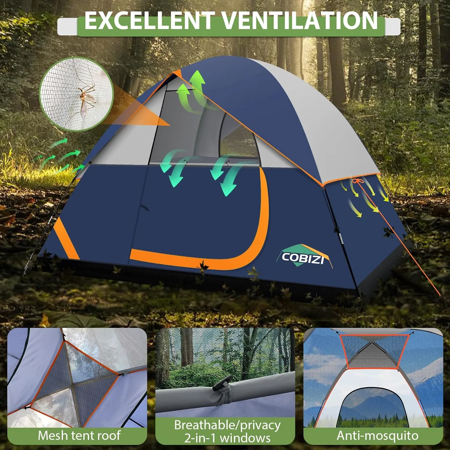 COBIZI Tents for Camping 4/6 Person Camping Tent with Rainfly and Screen, Easy Setup Lightweight Portable Waterproof Outdoor Tent with Carry Bag for Backpacking, Hiking, Family Travel