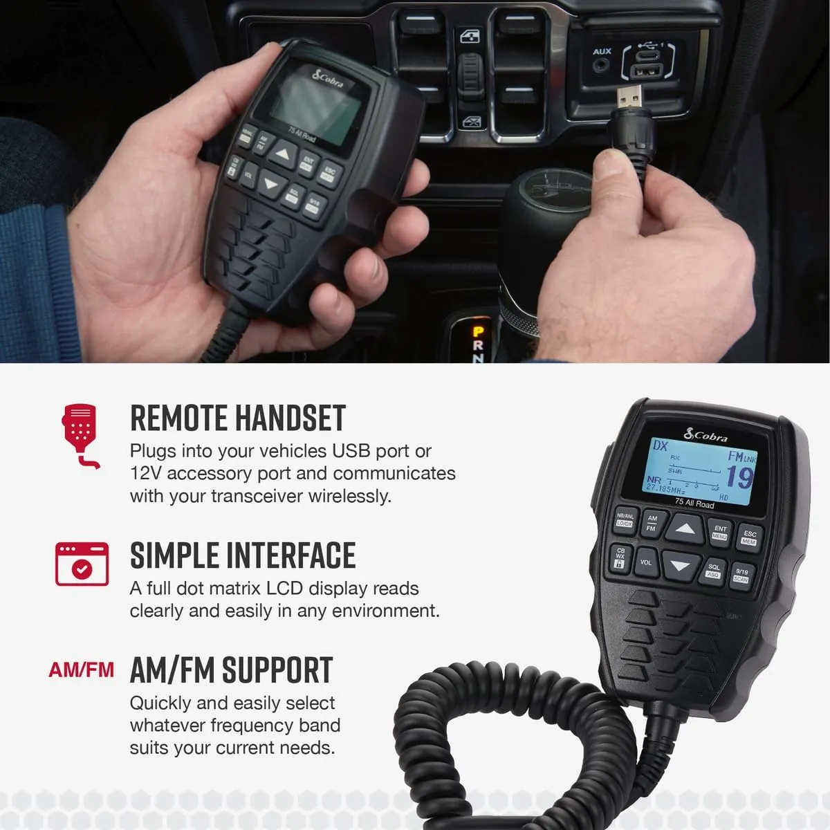 Cobra 75 All Road Wireless CB Radio - Dual-Mode AM/FM, Full 40 Channels, Bluetooth Connectivity, Digital Noise Cancellation, Waterproof, Instant Channel 9, 4-Watt Output, Easy to Operate, Black