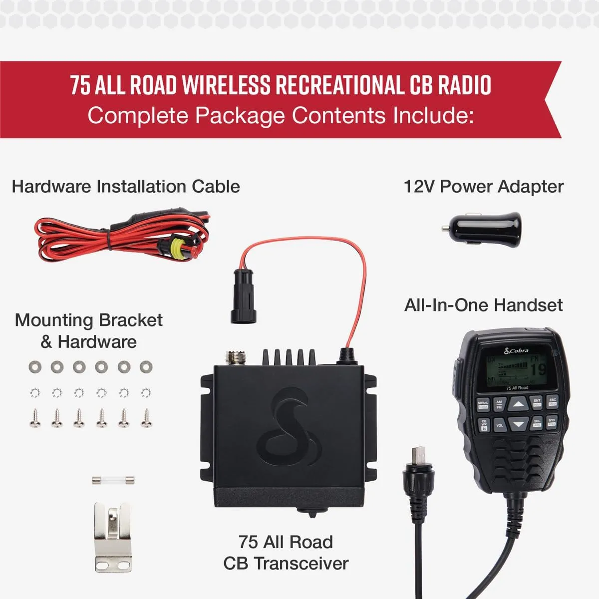 Cobra 75 All Road Wireless CB Radio - Dual-Mode AM/FM, Full 40 Channels, Bluetooth Connectivity, Digital Noise Cancellation, Waterproof, Instant Channel 9, 4-Watt Output, Easy to Operate, Black
