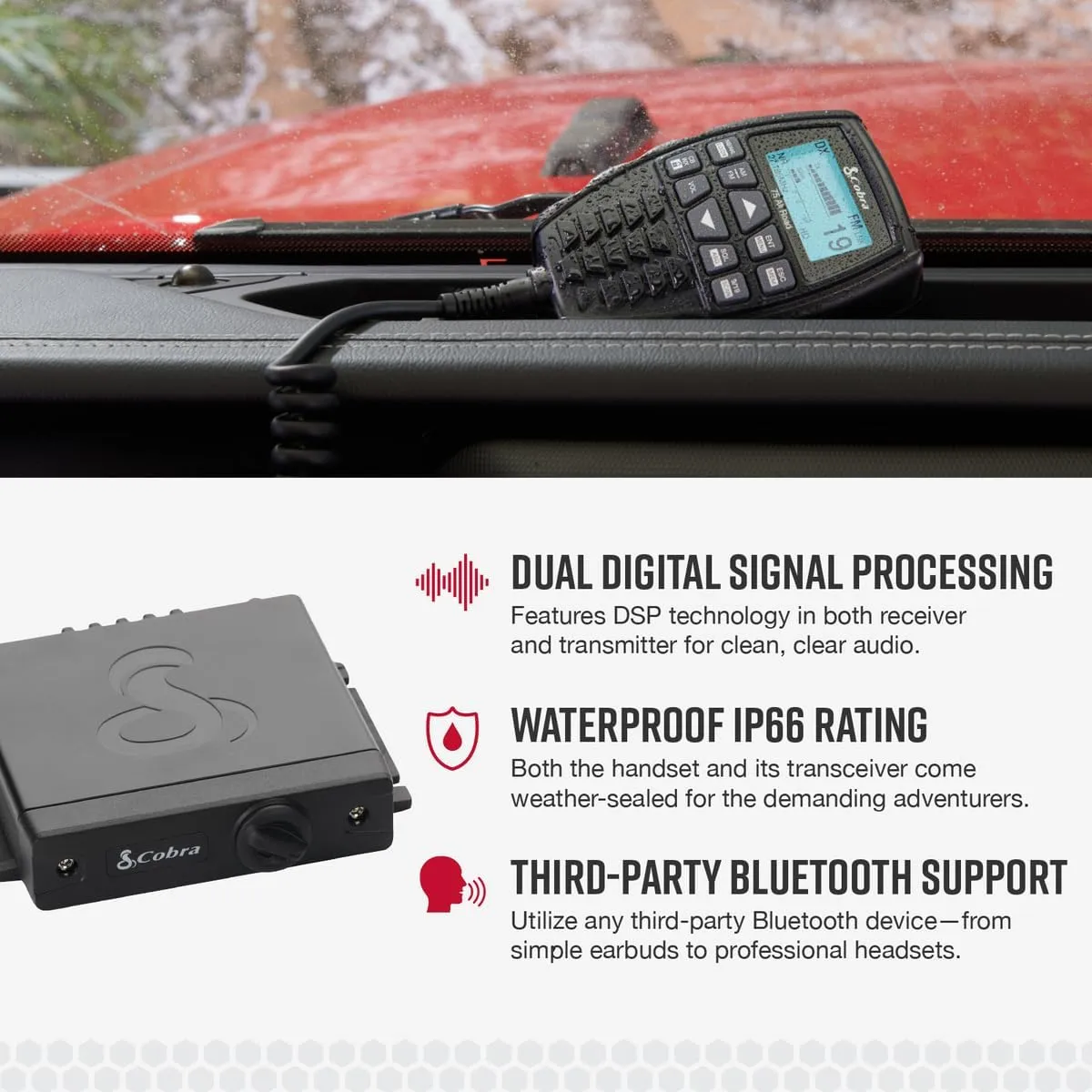 Cobra 75 All Road Wireless CB Radio - Dual-Mode AM/FM, Full 40 Channels, Bluetooth Connectivity, Digital Noise Cancellation, Waterproof, Instant Channel 9, 4-Watt Output, Easy to Operate, Black