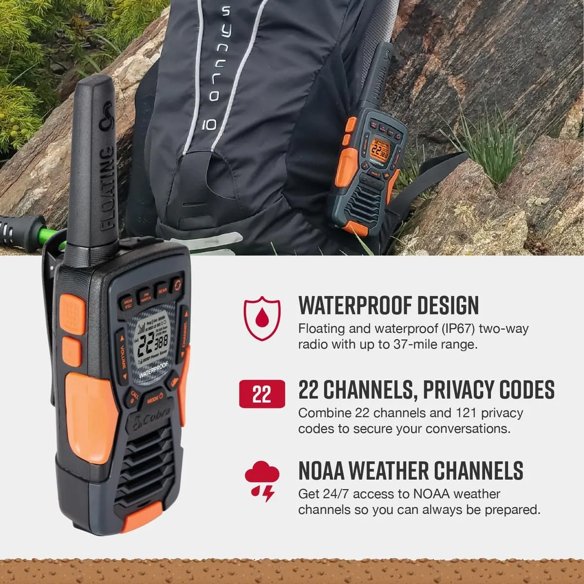 Cobra ACXT1035R FLT Floating Walkie Talkies - Waterproof, Rechargeable, Long Range up to 37-Mile Two Way Radio with NOAA Weather Alert & VOX, (2 Pack)