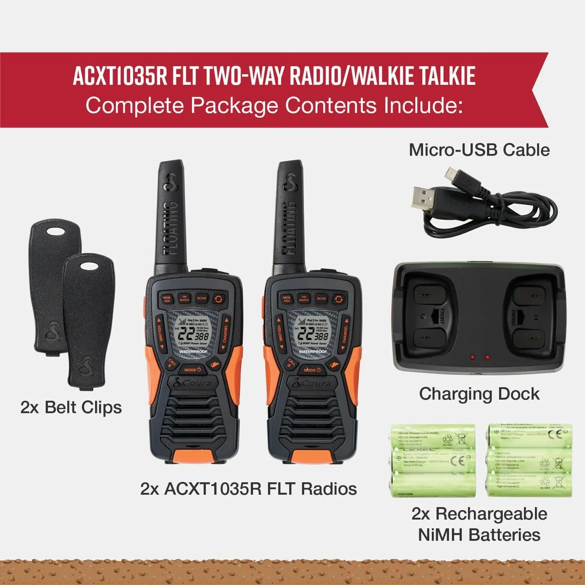 Cobra ACXT1035R FLT Floating Walkie Talkies - Waterproof, Rechargeable, Long Range up to 37-Mile Two Way Radio with NOAA Weather Alert & VOX, (2 Pack)