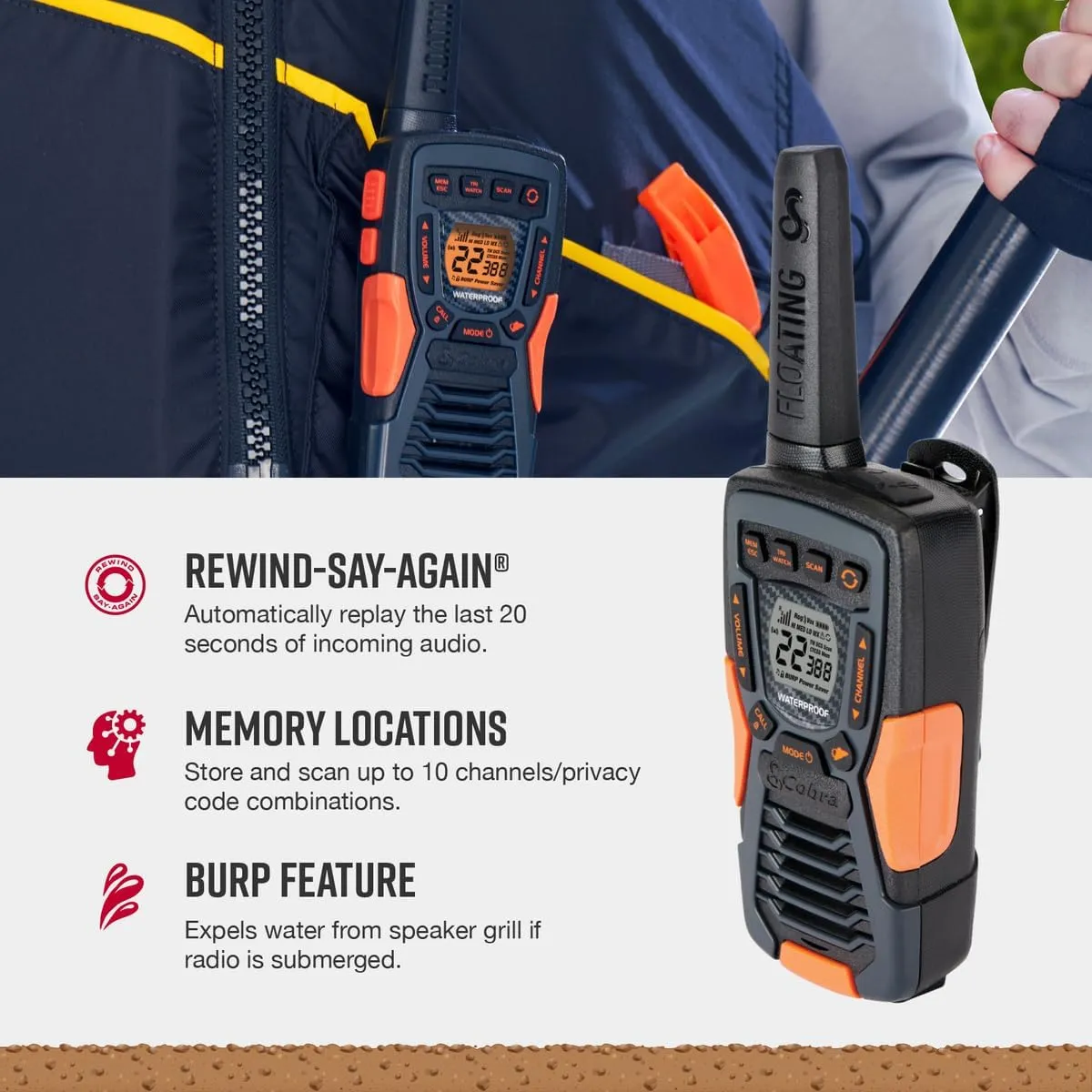 Cobra ACXT1035R FLT Floating Walkie Talkies - Waterproof, Rechargeable, Long Range up to 37-Mile Two Way Radio with NOAA Weather Alert & VOX, (2 Pack)